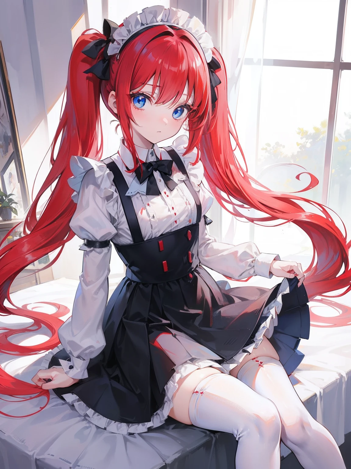 red hair,blue eyes,twintails,maid, long hair, long sleeves, gothic, solo, loli,Short skirt, white stockings,{{best quality}}, {{masterpiece}}, {{ultra-detailed}}, {illustration}, {detailed light}, {an extremely delicate and beautiful},little girl,cute,