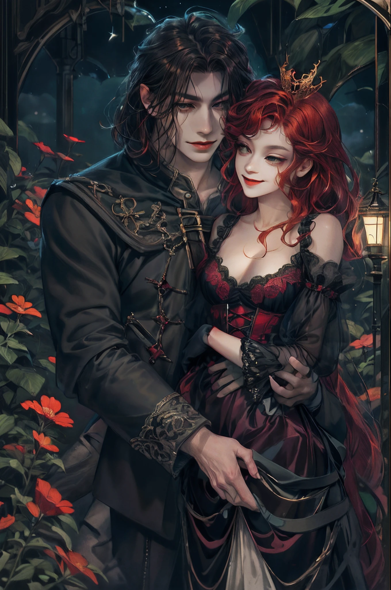 (absurdress, hight resolution, overdetalization), 2Others, couple, 1 male thief and 1 female princess, Mature, height difference, Different hair color, a happy, Love, Cuddling, upper-body, hairlong, black hair and red hair, Fantasy, night garden, Nocturnal moths, Gothic atmosphere