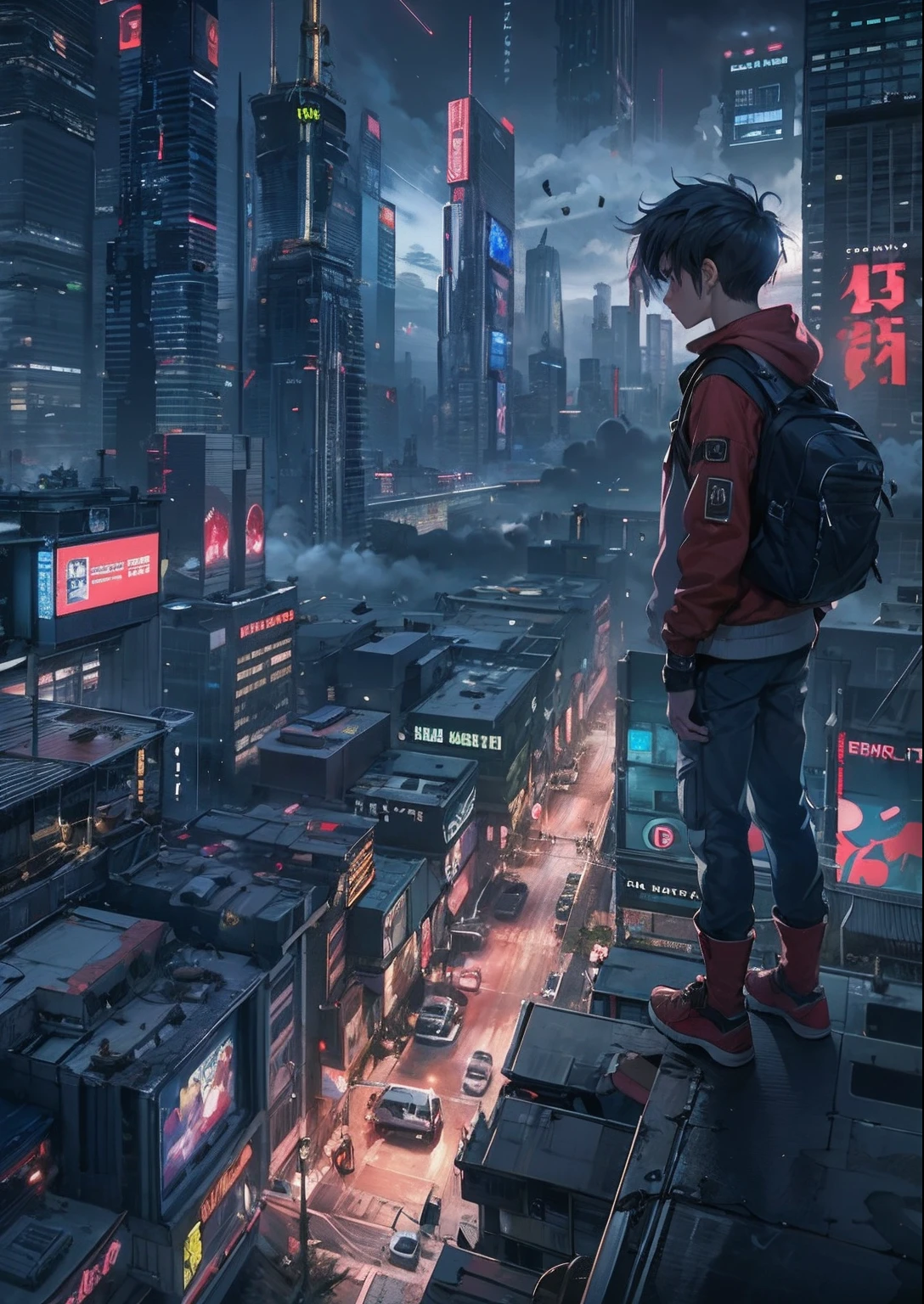 1boy,a 13 yo boy、Cyberpunk Boy、katanas,Spiky hairstyle、Tank Tops、Whole body bloody、Pulling composition、The beginning of the adventure、Lots of clouds,heavy fog、Midnight,darkness,Chaotic city of the future、ruined and devastated city、dystopian、A group of very complex skyscrapers stands in the center、Highly complex Chinese skyscraper、Pretty dim lighting、Dark road、puddles、Chaotic landscape、Beautiful and fantastic scenery、Cinematic scenery、hightquality、masutepiece,8K、hight resolution、ultra-detailliert,