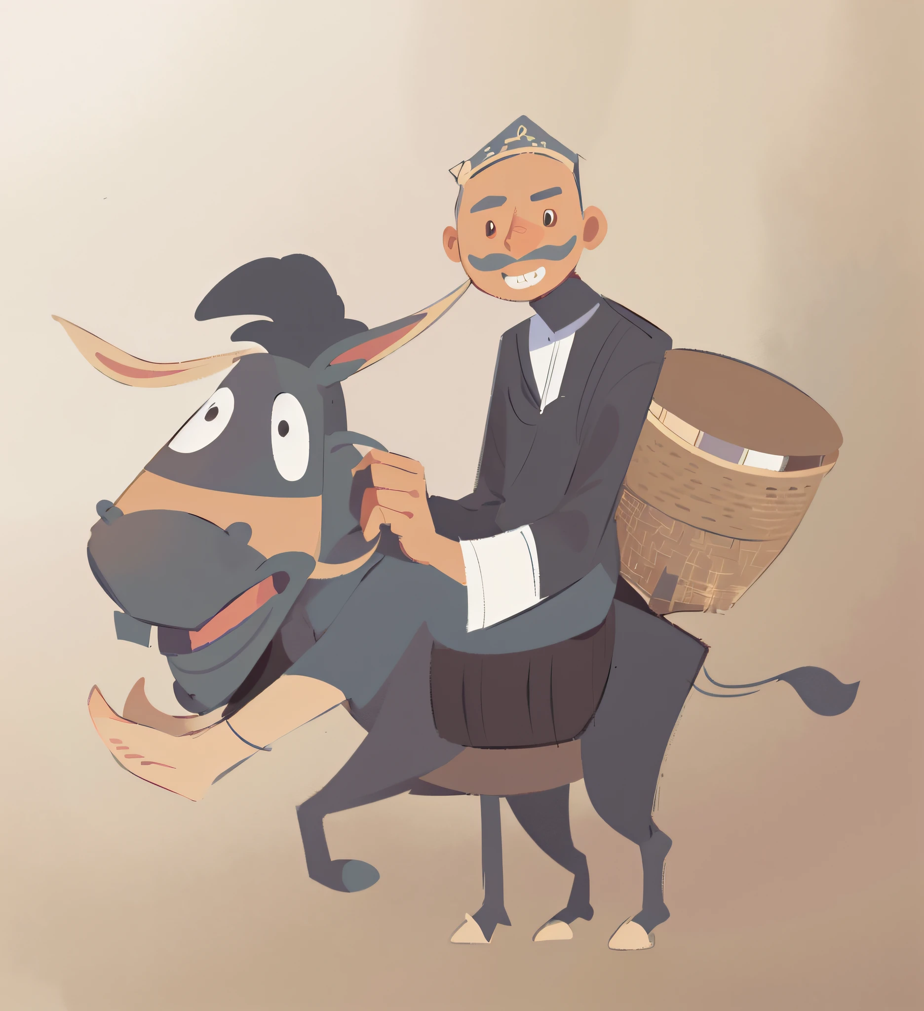 A painting of a man riding a donkey carrying a basket, traditional drawing style, Linear illustration, traditional, Coloring book outline, line art illustration, Outline sketch, contour drawing, clean coloring book page, barong family member, human dressed as a bull, author:Otis Pascali, Official illustration, sketch illustratio, coloring book page, Man in horse suit