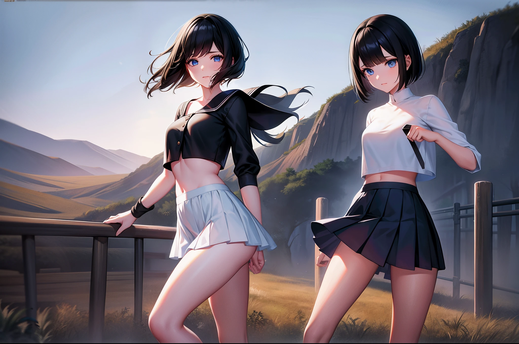 Student girl,with short black hair,Dark blue eyes,Transparent white pajamas,short crop top,Superskirt,Rags,On the steppe,Packs of wolves,Fence