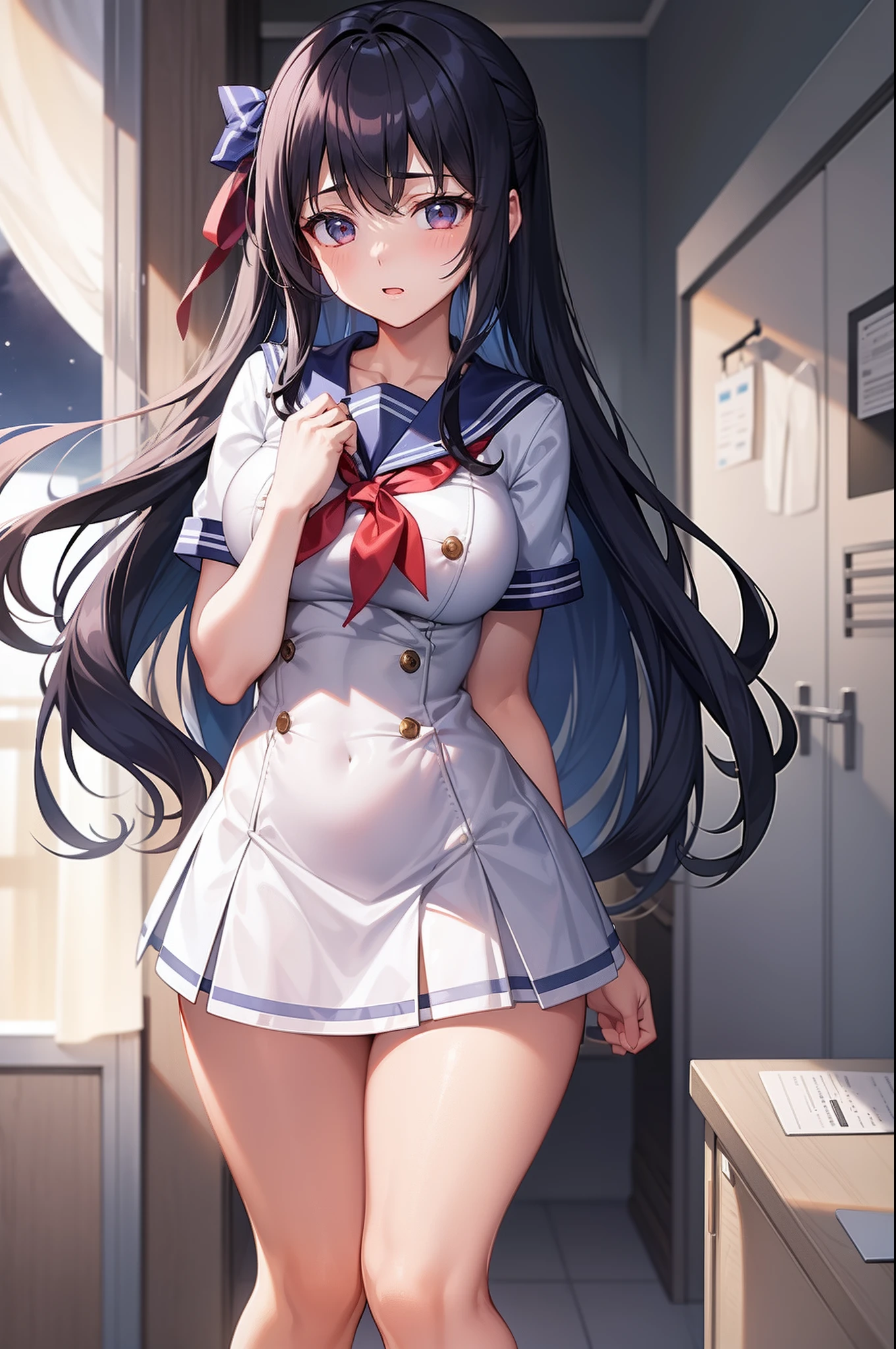 A high school girl in a sailor suit with thick thighs in the infirmary until late at night、a moon、stele