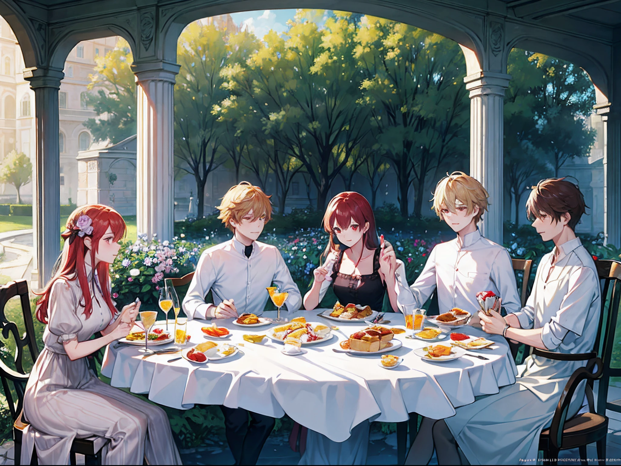 absurdres, tangle, concept art, scenery, no humans, wide shot, breakfast scene in the royal garden, breakfast perfectly arranged on a rectangular long table, six luxury chairs, baskets of freshly baked pastries, cutlery, scrambled eggs, well-cooked bacon, tomato and lettuce salad, fruit Assortment, glass cup, tablecloth, vase, morning sun, trees, flower garden, brook