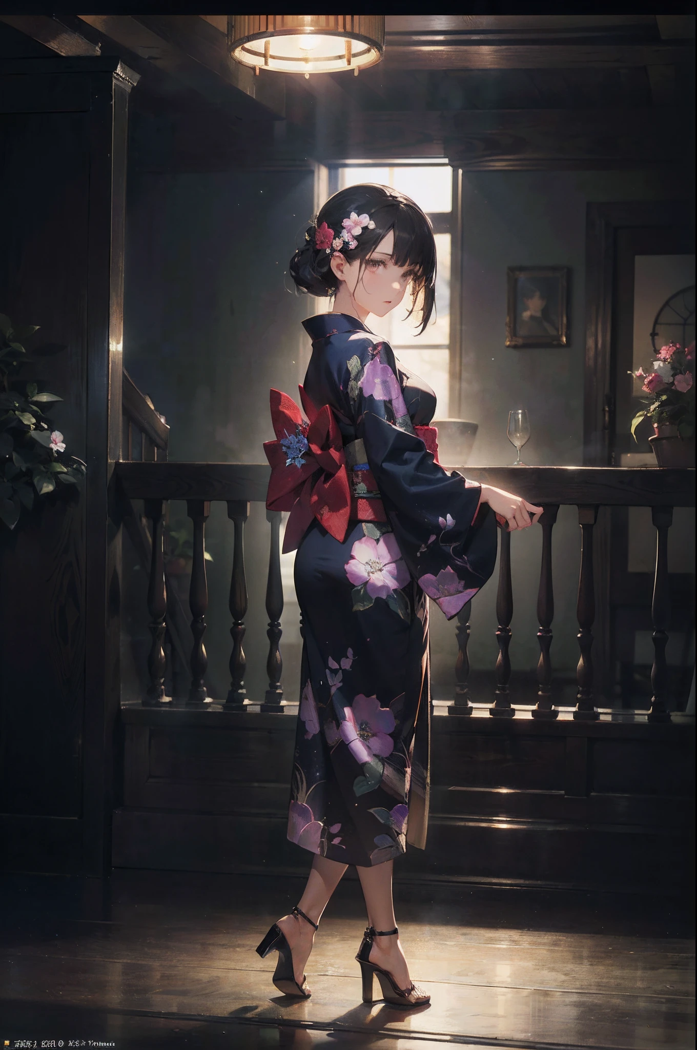(Official art、Best Quality、Unity 8k Wallpapers、32K、masterpiece、ultra-detailliert、超A high resolution、realisitic、Photorealsitic:1.2)、(Cinematic lighting:1.2)、Fireglow effect、film grains、Best Shadows、Rim lighting、side lights、sideshot、(Ultra-detailed and complex 3D rendering)、Detailed beautiful face and eyes、A slender、Medium bust、(Full body:1.2)、 Highly detailed background、beauitful face、blurry backround、a beauty girl、(super detailed skin、detailed skin textures:1.3)、Beautiful black hair、long、Floral kimono、A lot of bellflower grows、20Old beauty、Mystical、