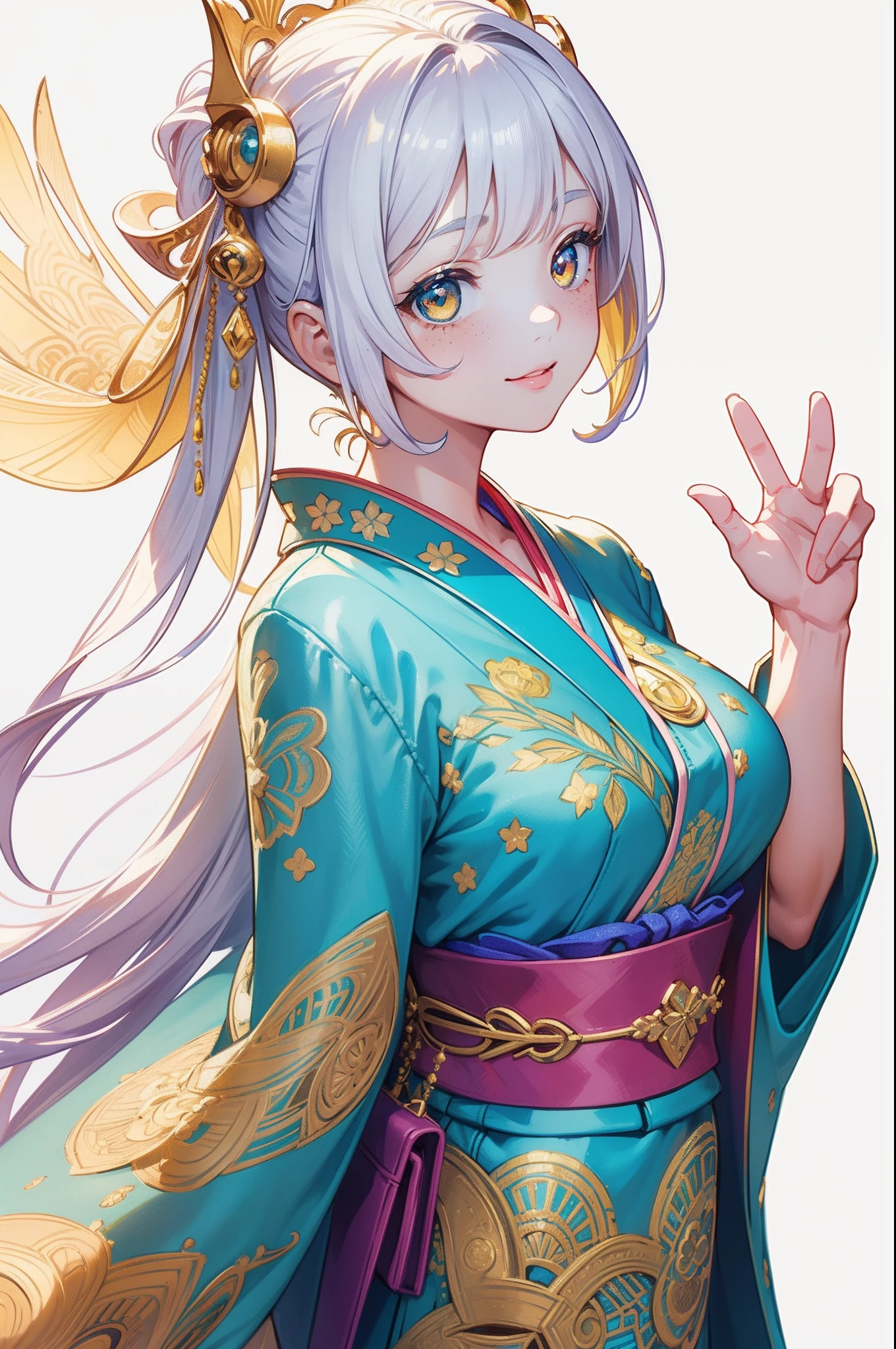 (Masterpiece), (best quality), illustration of young girl with freckles、blushed, anime、 1. **fashion**: wearing Japanese Yukata or Kimono attire, 2. **hairstyle on**: tie her hair up, hair color is platina blond, transparent and shining hair, 3. **Features**: (big yellow crystal eyes), girl features with soft features、Beautiful、warm atmosphere, intelligent Beatty, Beautiful, smiling, happy, thinking about her boyfriend, looking to the viewers, 4. **accessorized**:Accessories play important role to express her feeling, By drawing accessories with attention to detail、You can give your character personality. 5. **background**: (white background:1.4), (shining brightly), ((dazzling)), ((3D)), ((paper art:1.3)), (((colorful tone))), (Art Nouveau illustration:1.3,zentangle art:1.3, paper art:1.4), (Reasonable design, Clear lines, High Sharpness, Best Quality, Very detailed, masterpiece, Movie Light Effects, 8K), (3D), Colorful, Happy,