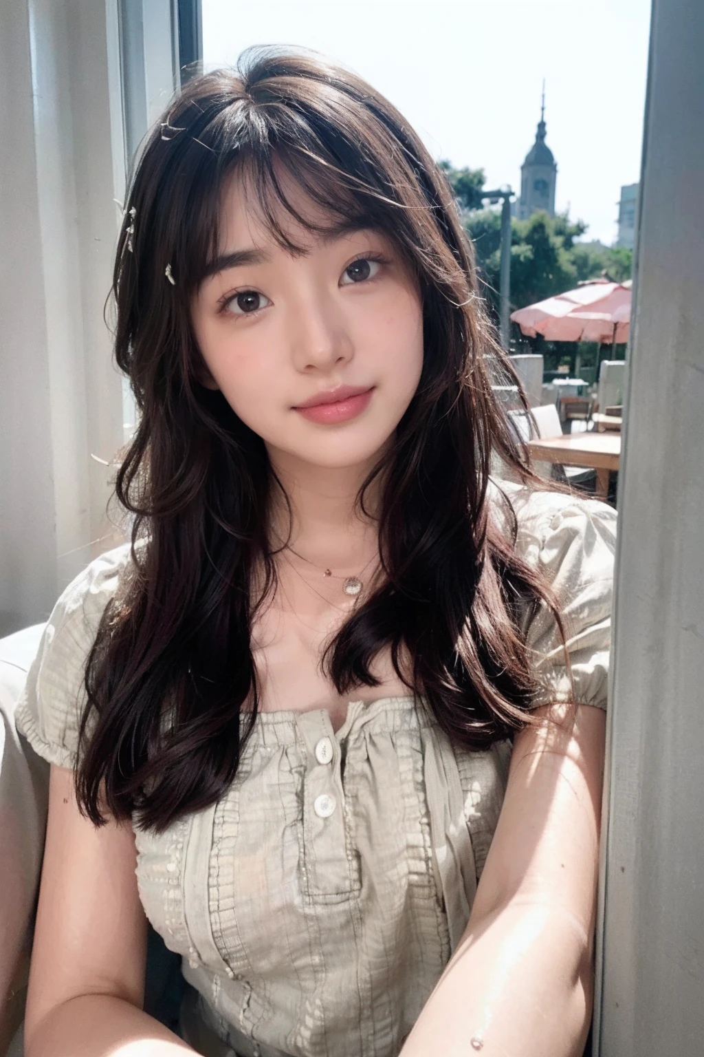 Exquisite Asian beauty, Willow eyebrows, 二重まぶた,eyes with brightness,Peach lip gloss,((Goose egg face,)) flower, long whitr hair, The ultra-realistice, Top lighting rendering,soccer girl, vases, Brown hair, Look to the lens, The background is blurred out, Moles under eyes, Blurry, dark mole, The upper part of the body, Brown eyes, flor branca, Wear a delicate and beautiful garland on your head,8K Raw photograph, (( Sweet smile)),((Brilliant light and shadow)),1girll
