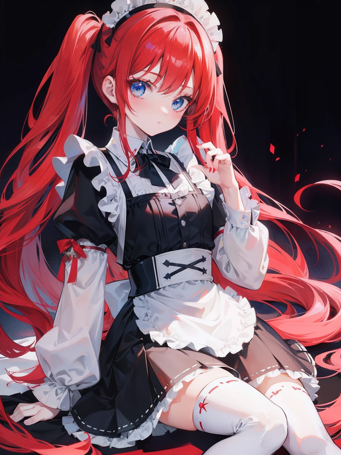 red hair,blue eyes,twintails,maid, long hair, long sleeves, gothic, solo, loli,Short skirt, white stockings,{{best quality}}, {{masterpiece}}, {{ultra-detailed}}, {illustration}, {detailed light}, {an extremely delicate and beautiful},little girl,cute,
