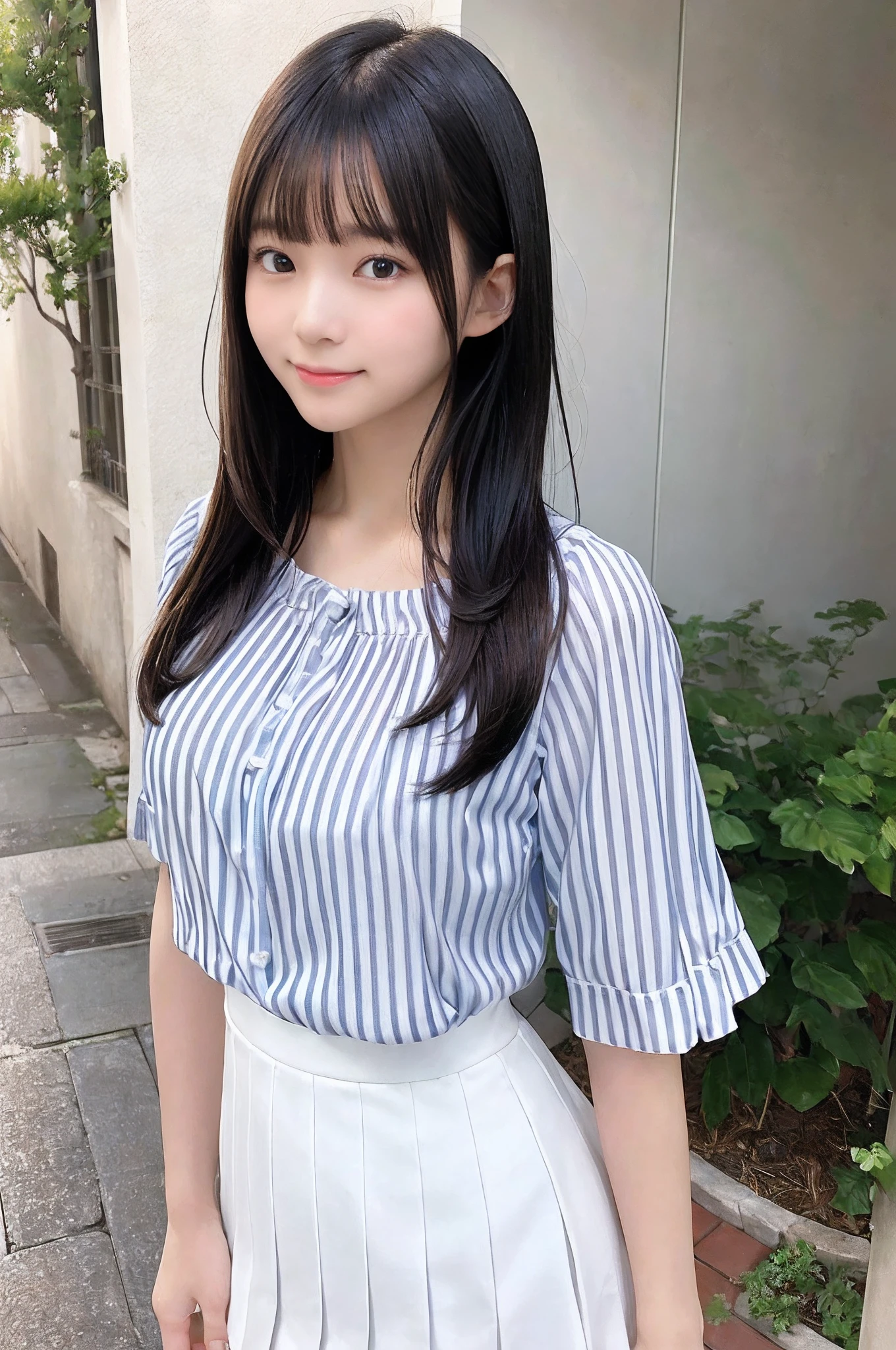 masterpiece, best quality, photorealistic, raw photo, DSLR, -yeld beiful Japanese girl, shiny fair skin, realistic beautiful no makeup face, realistic beautiful bright eyes, double eyelids, look at viewer, smiling, highest detailed shiny black short hair and bangs, disheveled hair, slim figure, slim face, slim waist, big breasts, ((clean and simple clothes, refreshing striped blouse, white mini flared skirt)), realistic lighting and shadows, depth of fields, highest delicate and beautiful photo, ultra high resolution, 8k UHD wallpaper,