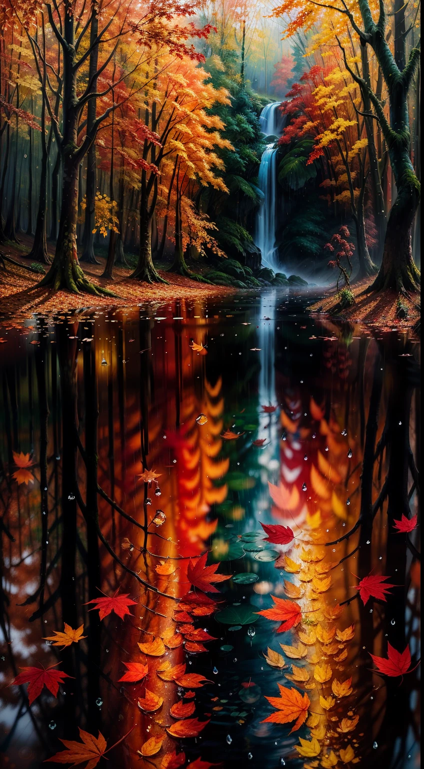 Image of leaves and raindrops, Autumn Forest, Romantic landscape style, Solar Impressionism, painting, Water reflections, high-quality photo,