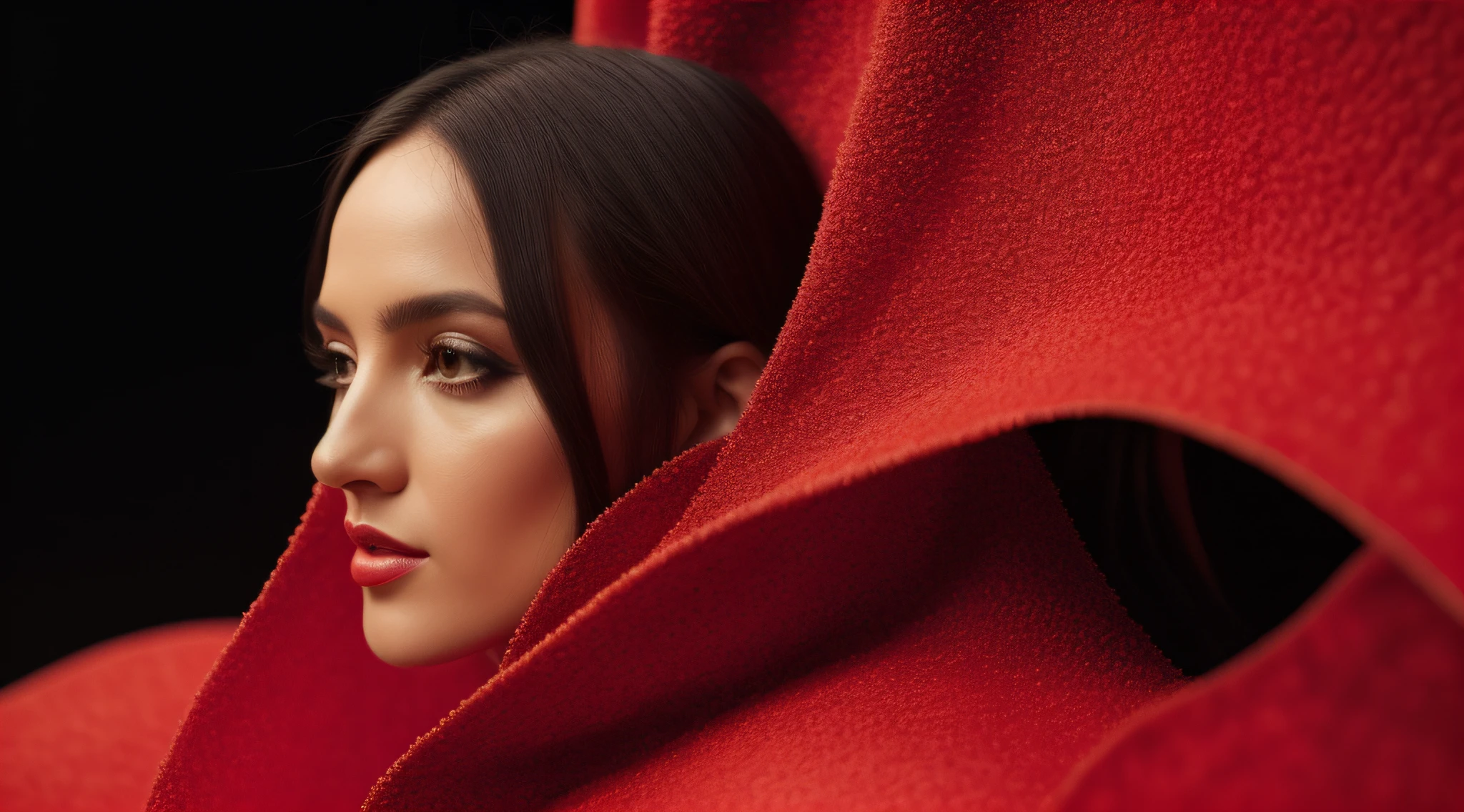 um close up de uma pessoa com um capuz vermelho em um fundo vermelho, Erosions, scorpions, Caparisons, Album art, prop rocks, album cape, chifres vermelhos, new album cover, Arte Oficial, Arte Promocional, Arcontes, rochas afiadas, rochas alaranjadas, Explosions, rochas), alternate album cover, Variations, progressive rock album cover, album cape!