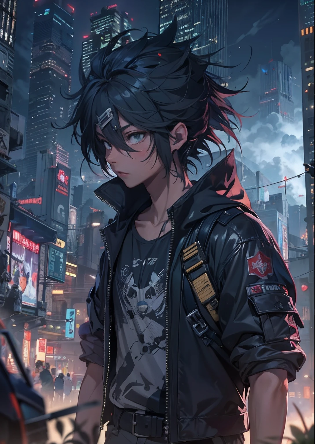 1boy,a 13 yo boy、Cyberpunk Boy、katanas,Spiky hairstyle、Tank Tops、Whole body bloody、Pulling composition、The beginning of the adventure、Lots of clouds,heavy fog、Midnight,darkness,Chaotic city of the future、ruined and devastated city、dystopian、A group of very complex skyscrapers stands in the center、Highly complex Chinese skyscraper、Pretty dim lighting、Dark road、puddles、Chaotic landscape、Beautiful and fantastic scenery、Cinematic scenery、hightquality、masutepiece,8K、hight resolution、ultra-detailliert,