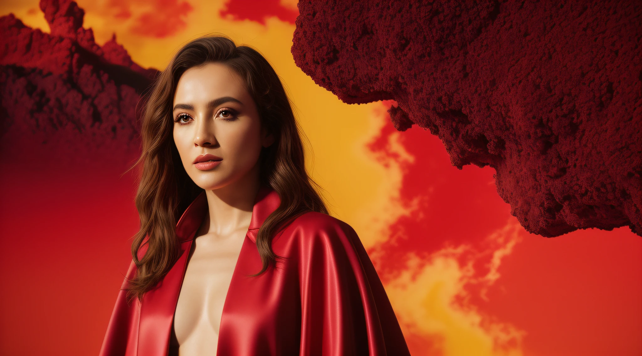 um close up de uma pessoa com um capuz vermelho em um fundo vermelho, Erosions, scorpions, Caparisons, Album art, prop rocks, album cape, chifres vermelhos, new album cover, Arte Oficial, Arte Promocional, Arcontes, rochas afiadas, rochas alaranjadas, Explosions, rochas), alternate album cover, Variations, progressive rock album cover, album cape!