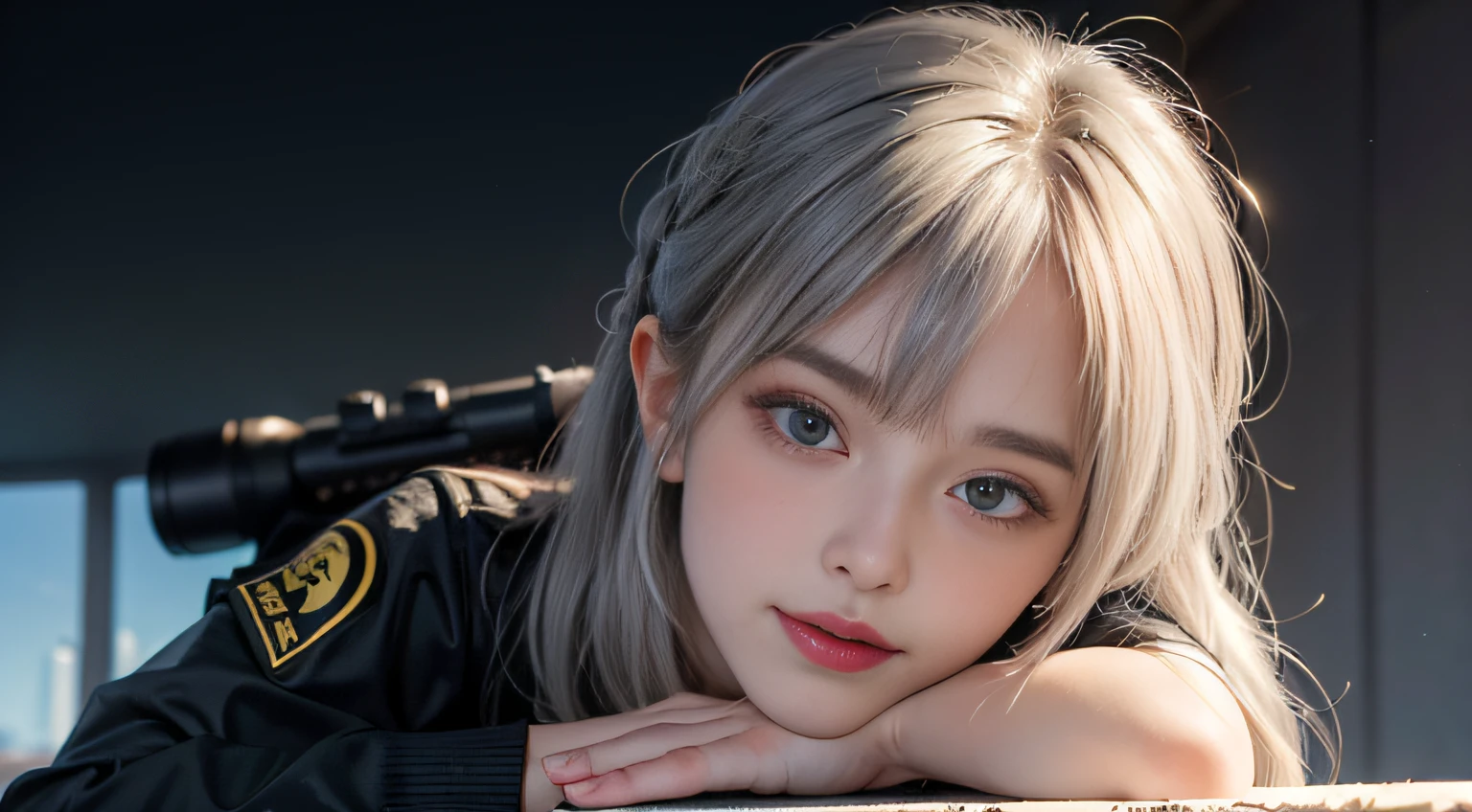 （Girl sleeping face down in big office）, Silver hair, Bangs, Blunt bangs, Long hair, Braiding（poneyTail）, aqua eyes, longeyelashes, Solid Circle Eyes, makeup, Open mouth, blush, Parted lips, Bright pupils, smiley, Seductive smile, glint, surrealism, Modern,（（ Camouflage blouse））、（（Camouflage print mini skirt））、(Sniper rifle with silencer））（Peeking into the scope）Chiaroscuro, Chiaroscuro, depth of fields, One-person viewpoint,  From Side, F/1.8, 135 mm, canon,  nffsw, retinas, masutepiece, ccurate, Anatomically correct, Textured skin, Super Detail, high details, High quality, Best Quality, hight resolution, 1080p, hard disk, 4K, 8K、（Sniper regime）　（（Full Body Angle））、、Skyscrapers are hazy behind