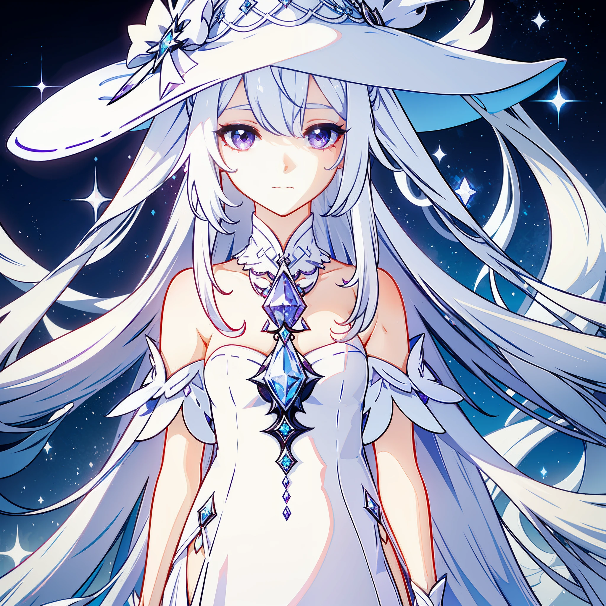 White long and straight pure white hair,white sunhat covering one eye,purple eye,white dress,diamond silver necklace with a blue crystal,female,lady,pretty,sad look on her face,fontaine,one girl,1girl,single,solo