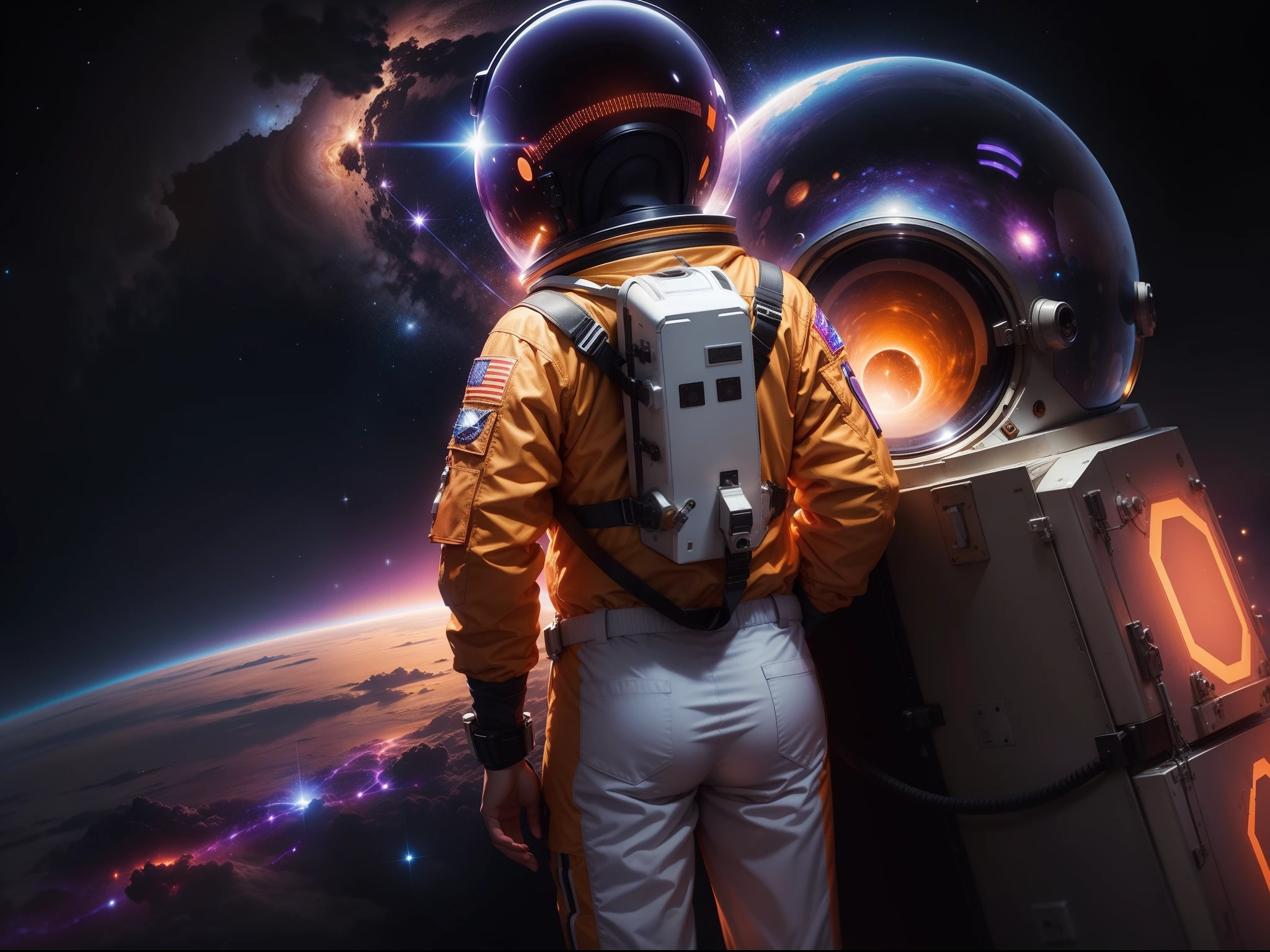In the vast expanse of interstellar space, a solitary astronaut sits on the moon, gazing at Earth in the distance while wearing headphones. The astronaut's suit glimmers in the light, reflecting the cosmic landscape around them. This scene is captured in a stunning painting that highlights the astronaut's vivid details and the mesmerizing backdrop of space. Every intricate feature, from the astronaut's reflective visor to the distant Earth, is rendered with meticulous precision, evoking a sense of wonder and solitude in the viewer.