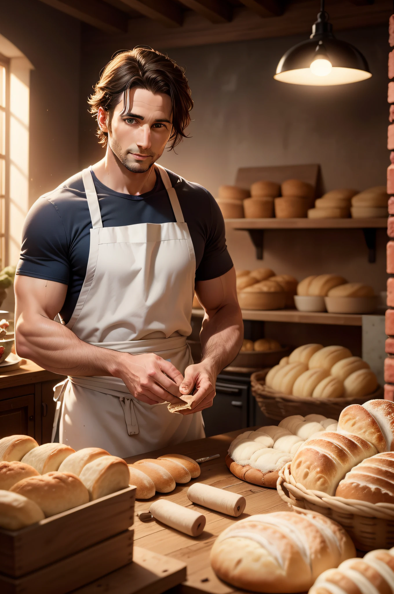 Male 37 years old, profession baker making bread, beautiful old bakery, various types of bread, high quality photographic image definition photo realism