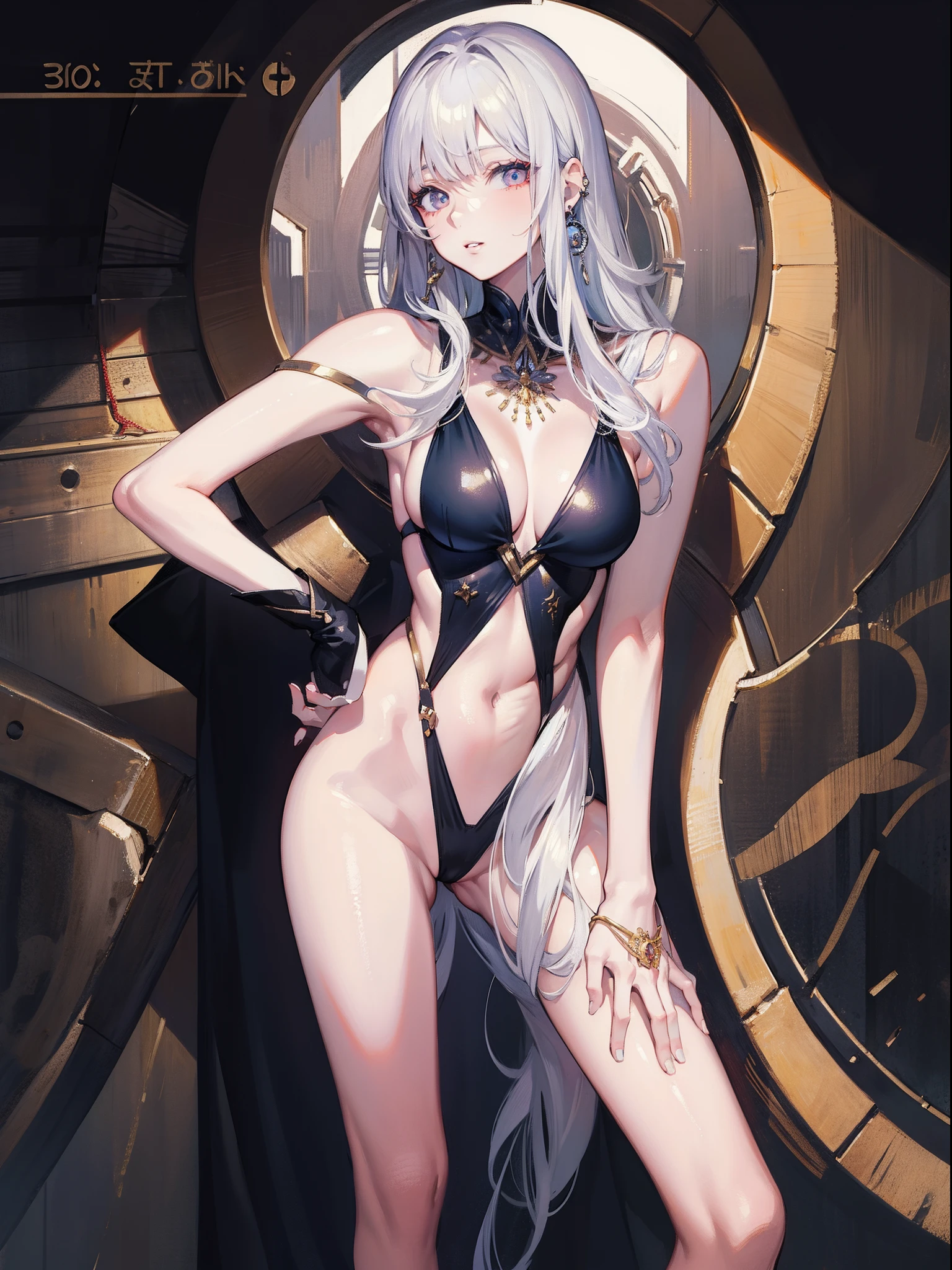 (masterpiece:1.5), (bestquality), highlydetailed, ultra-detailed, 1girl, bishoujo, stare, (red eyes:white eyes:0.3), beautiful detailed eyes, (long hair:white hair:silver hair:0.5), Wing-like bangs, Dull hair, Hair rings, (braid:0.5), cold, bare shoulders, breasts, contrapposto, hand on hip, lips, looking at viewer, makeup, medium breasts, solo, standing, swimsuit