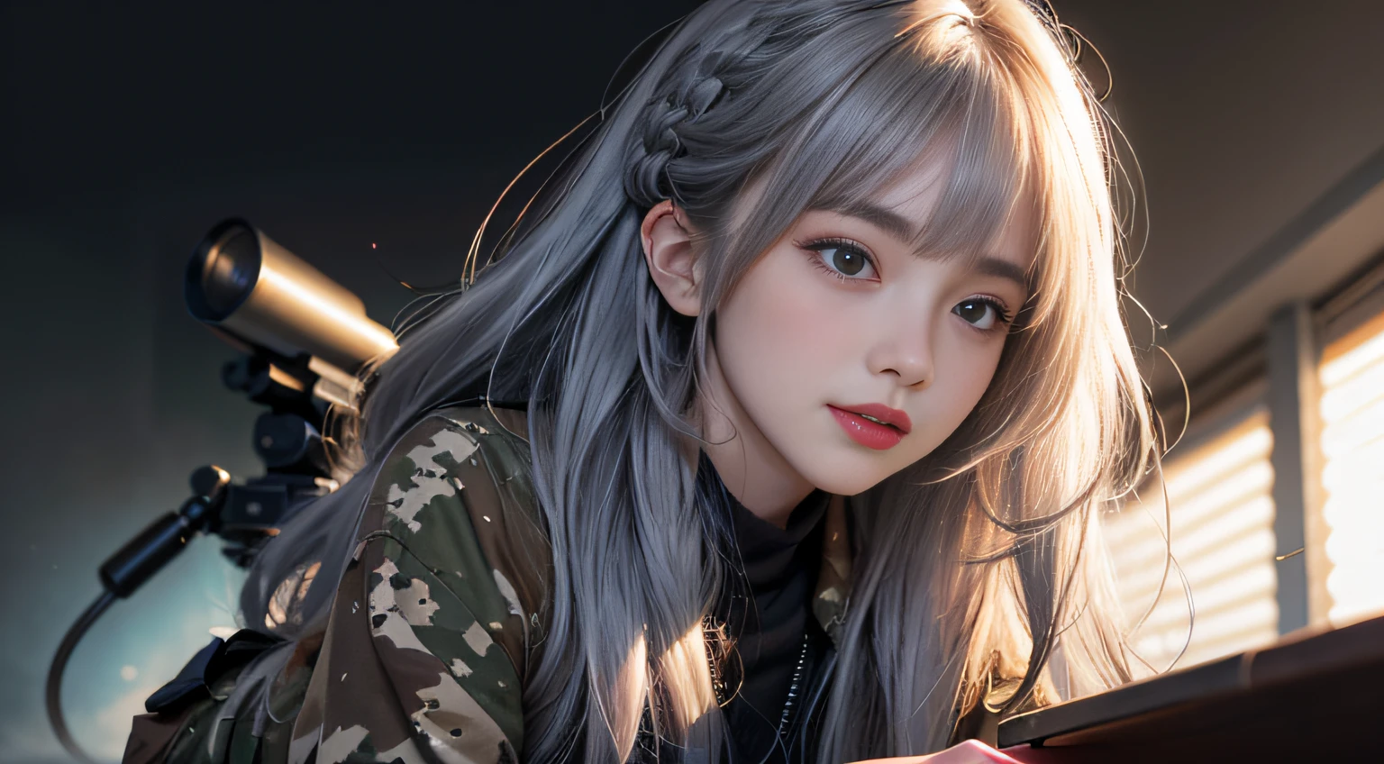 (Girl sleeping face down in big office), Silver hair, Bangs, Blunt bangs, Long hair, Braiding(poneyTail), aqua eyes, longeyelashes, Solid Circle Eyes, makeup, Open mouth, blush, Parted lips, Bright pupils, smiley, Seductive smile, glint, surrealism, Modern,(( Camouflage blouse))、((Camouflage print mini skirt))、(Sniper rifle with silencer))(Peeking into the scope)Chiaroscuro, Chiaroscuro, depth of fields, One-person viewpoint, From Side, F/1.8, 135 mm, canon, nffsw, retinas, masutepiece, ccurate, Anatomically correct, Textured skin, Super Detail, high details, High quality, Best Quality, hight resolution, 1080p, hard disk, 4K, 8K、(Sniper regime) ((Full Body Angle))、、Skyscrapers are hazy behind
