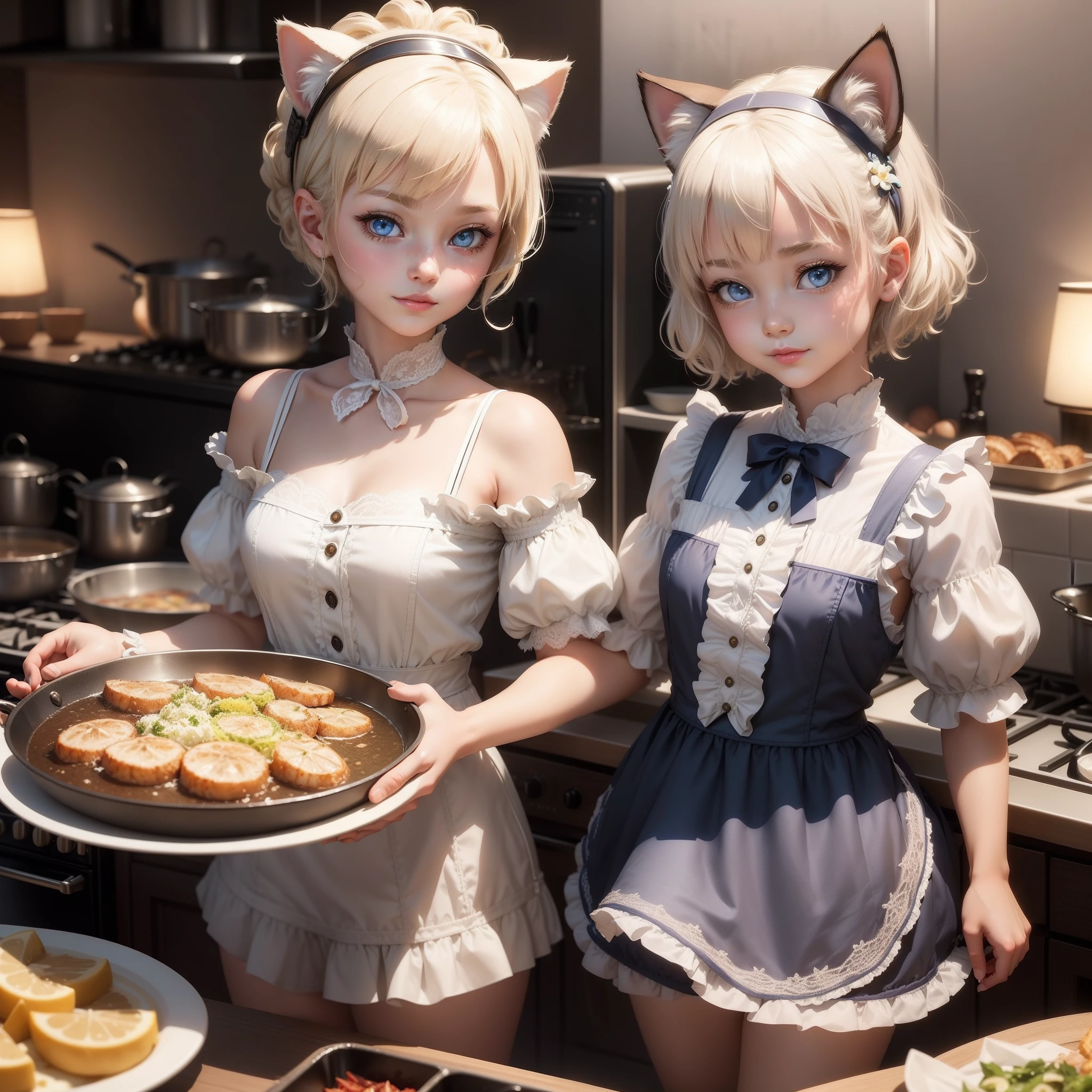 :34 20:52:12 Best Image Quality、​masterpiece、Leyendecker's style、Fantasy 3D、waterside、Girl in a cat mask、Nordic beautiful girl、Half eye、Blue eyes、Smirking expression、Pretty small face、Light makeup、cat ears on head、Platinum blonde short hair、tiny chest、short waist、The upper part of the body、Cute lace clothes、Cooking，Have a frying pan，Delicious-looking grilled fish in a frying pan、Lots of glittery bubbles、