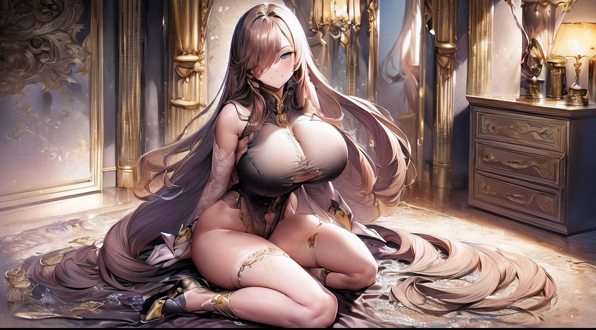 ((adult lady),((lightsmile)),((anime moe art style)),((​masterpiece)), (top-quality), (super detailing), illustratio, (((extremely delicate and beautiful))),dynamic ungle,Look at viewers,((full body Esbian)))finerly detailed face, long eyeslashes,Bangs between the eyes,Curvaceous、in a house、light particules、Royal Bedroom,((huge-breasted))