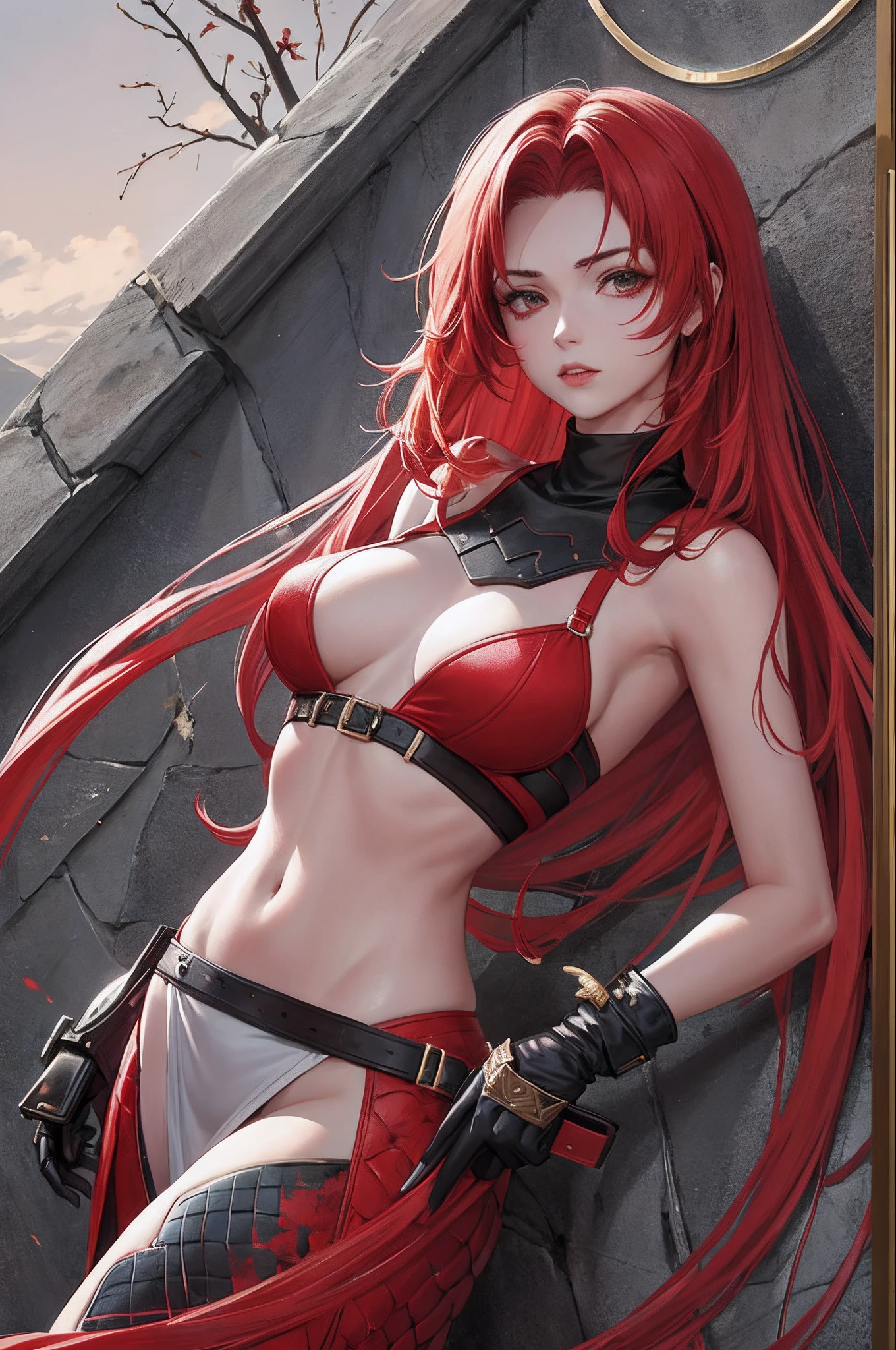 A girl with a snake skin, scarlet hair, blood and 2 long swords