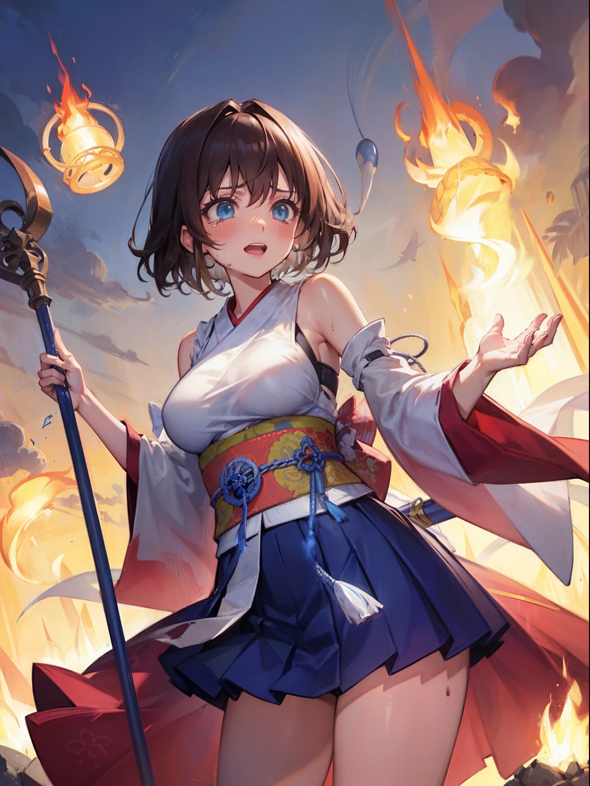 ((masutepiece:1.4, Best Quality)),((masutepiece, Best Quality)),Night,Cute girl standing,Hoodie,(Brown Fine Shorthair),Brown eyes,Skirt,blush,Smile,(depth of fields:1.3),Portrait,(Night view),Upper body,light Particle, masutepiece, Best Quality, 1girl in, Solo,YunaFFX, Heterochromia, Short hair, YunaOutfit, Hair Ornament, Detached sleeves, Hakama, sash, Hakama skirt, Long skirt,, Large breasts,tiny waist,Big hips, Big breasts, blush, Side view, Full body,masutepiece, Best Quality, hight resolution, Sweating, blush, angry, Perfect body, Torn clothes, Crying, Shout loud,NSFW,Battle Damage, tiny waist, Curvaceous body shape, Torn clothes,Sweat,perspired, (((Magic Circle, blue fire, blue flames))), Wallpaper, landscape, Blood, blood splashing, depth of fields, Night, light Particle, llight rays, side lights, thighs thighs thighs thighs, Fate \(Series\), GenshinImpact, ****, Open jacket,  cloud,(((Hand up))), [[Outstretched arms]], outstretched hand,(Arm up), Bare arms,,✋,(holding a staff)
