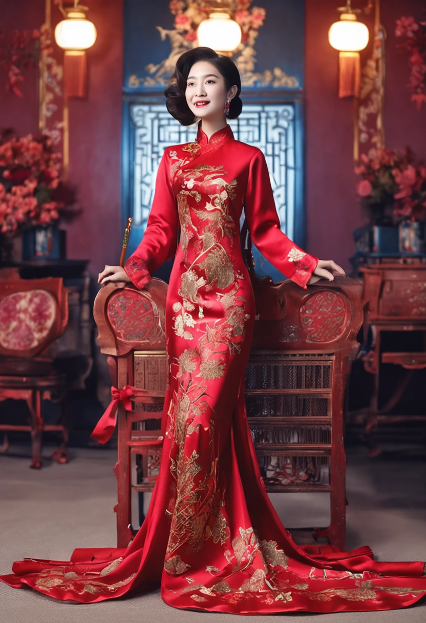 Royal sister，long leges，cabellos largos dorados，on cheongsam，China-style，Absolutely beautiful，ssmile