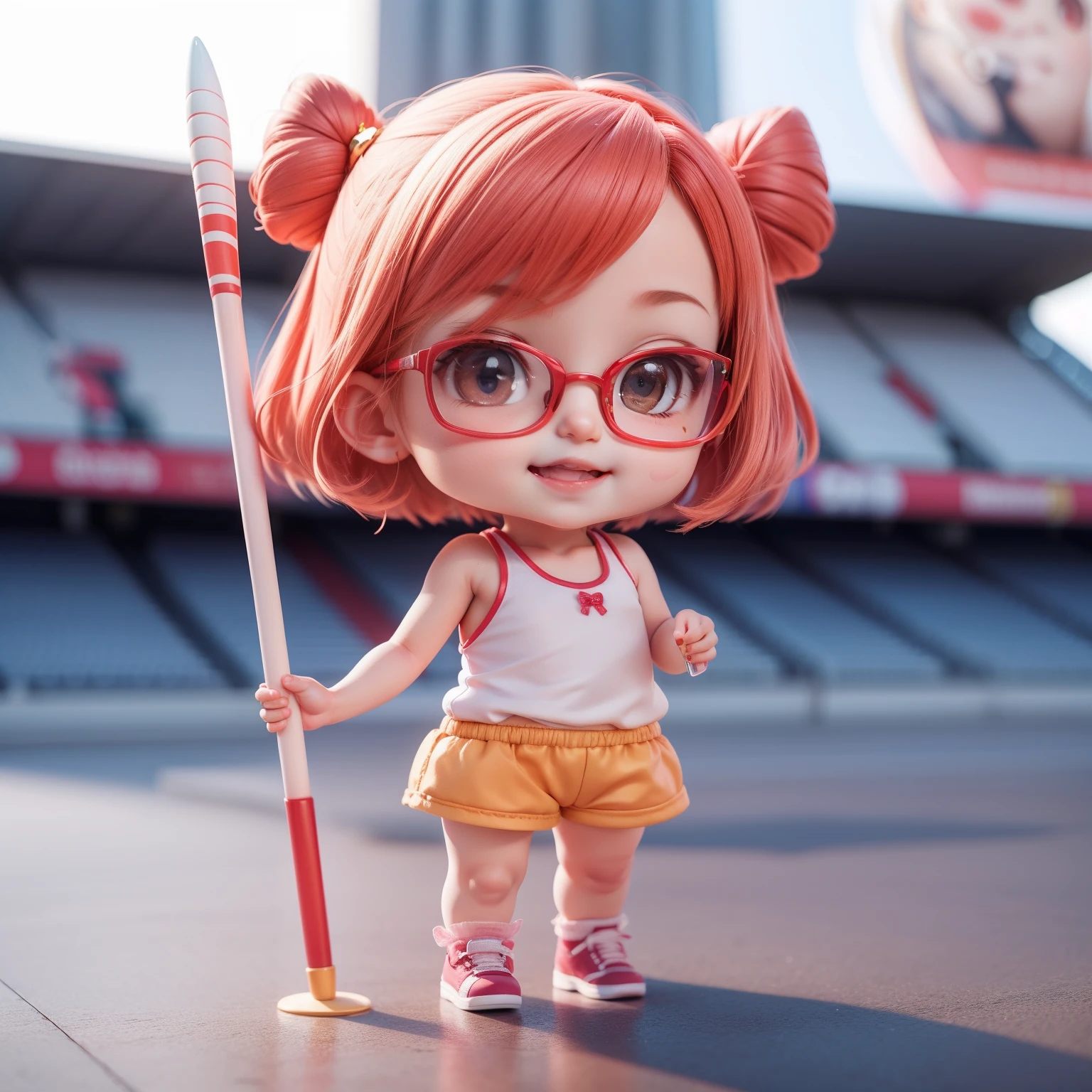 Cute  Chibi Anime、(((chibi3d))) (best quality), (masterpiece)、Chibi National Stadium、Javelin thrower Chibi、Glasses with strawberry decoration、Strawberry tank top、Strawberry shorts、Open your mouth and smile、