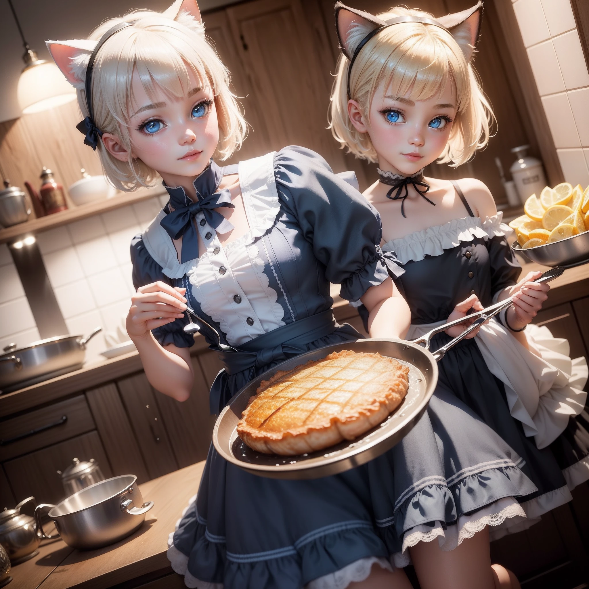 :34 20:52:12 Best Image Quality、​masterpiece、Leyendecker's style、Fantasy 3D、waterside、Girl in a cat mask、Nordic beautiful girl、Half eye、Blue eyes、Smirking expression、Pretty small face、Light makeup、cat ears on head、Platinum blonde short hair、tiny chest、short waist、The upper part of the body、Cute lace clothes、Cooking，Have a frying pan，Delicious-looking grilled fish in a frying pan、Lots of glittery bubbles、