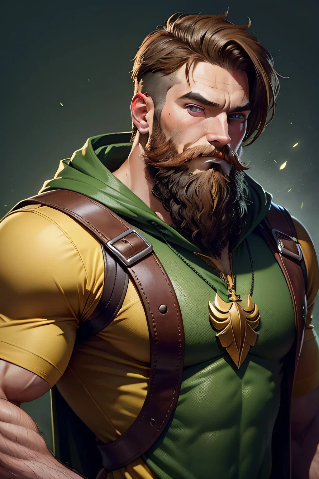 Create the image of a hero with a short beard, Dressed in green and gold.