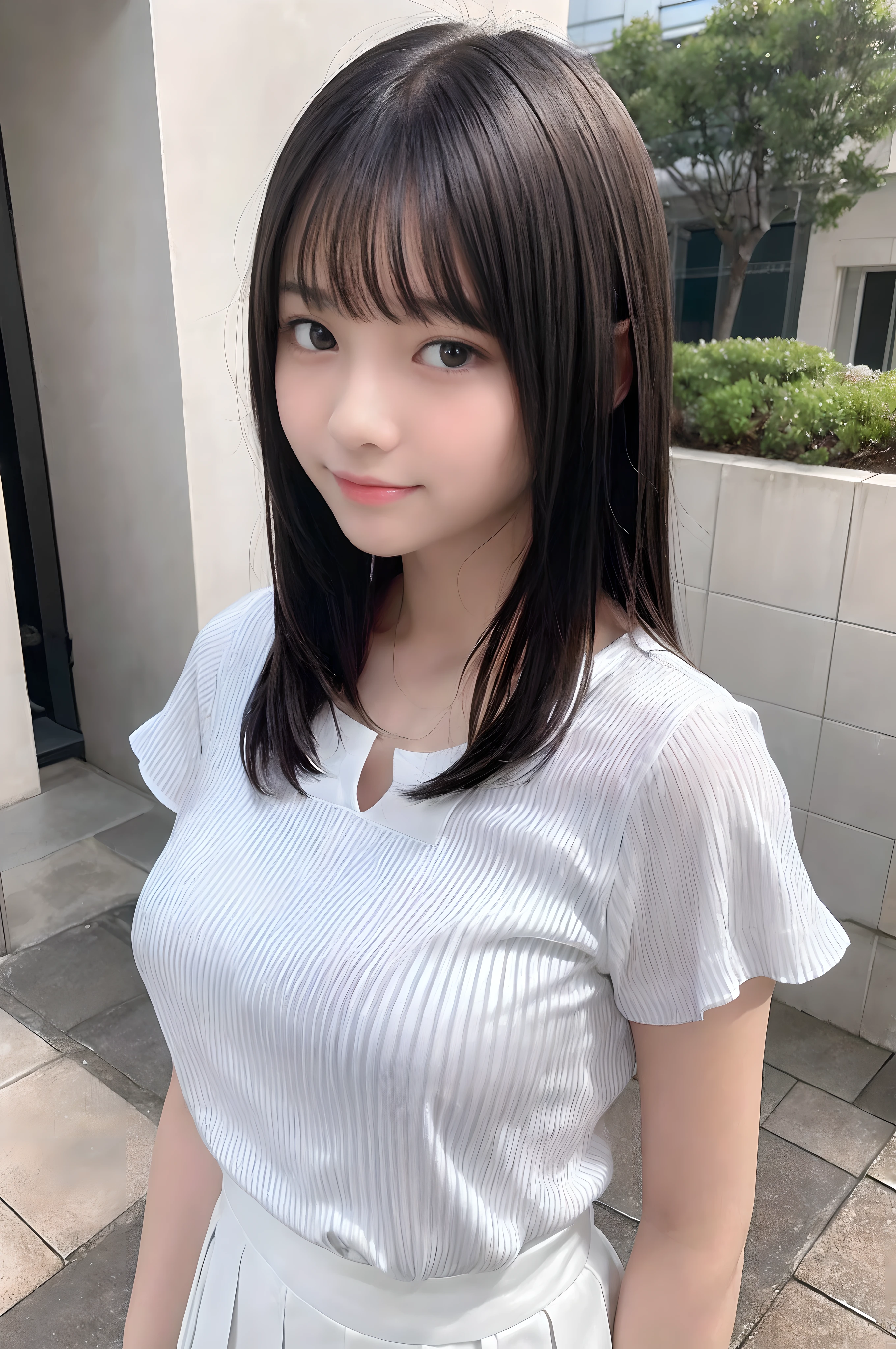 masterpiece, best quality, photorealistic, raw photo, DSLR, -yeld beiful Japanese girl, shiny fair skin, realistic beautiful no makeup face, realistic beautiful bright eyes, double eyelids, look at viewer, smiling, highest detailed shiny black short hair and bangs, disheveled hair, slim figure, slim face, slim waist, big breasts, ((clean and simple clothes, refreshing striped blouse, white mini flared skirt)), realistic lighting and shadows, depth of fields, highest delicate and beautiful photo, ultra high resolution, 8k UHD wallpaper,