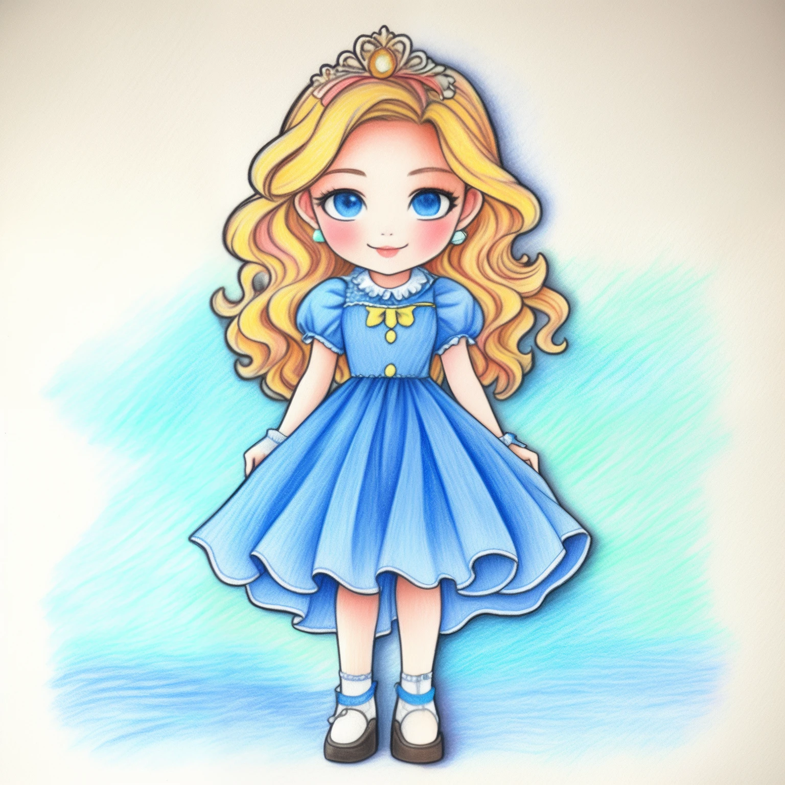 Coloring with colored pencils、a blond、a blue dress