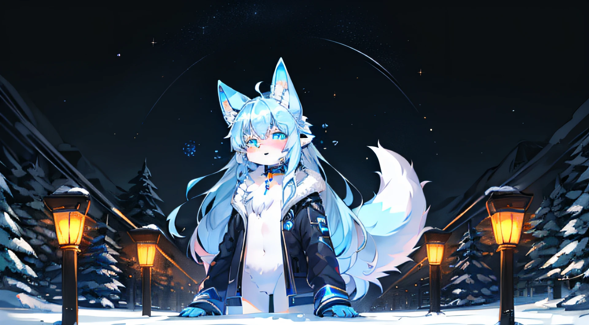 shota, long hair, space eye, glow eye, femboy, noen city, snowfall, midnight, fox ear, deep blue ear, fox tail, deep blue fox, deep blue jacket, cute, collar, Two tail, space katana, God of the space , fur body, full body, the lower body is naked, snow fox, character, master piece, fluffy tail, current, shy, NFSW, Highest Quality, 8k, full HD, four ear fox, winter, own character, nude, soul fox blue, nsfw, r-18,light blue hair, blurring, 10 years