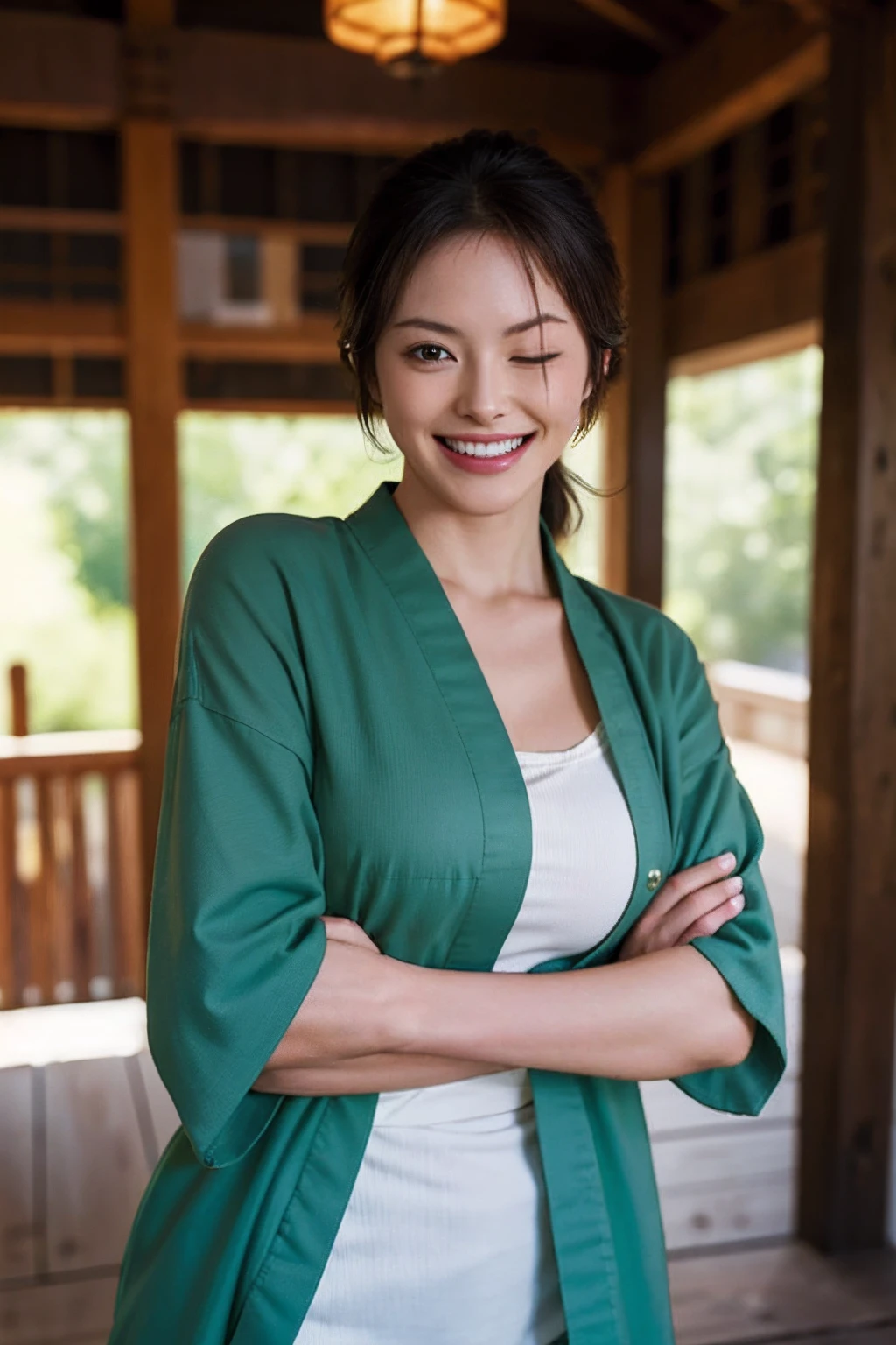 (masterpiece, best quality:1.2), cowboy shot, solo, female focus, 1girl, roronoa zoro, scar, muscular female, grin, looking at viewer, one eye closed, scar across eye, crossed arms, japanese clothes, green kimono, boobs, big breasts, sword