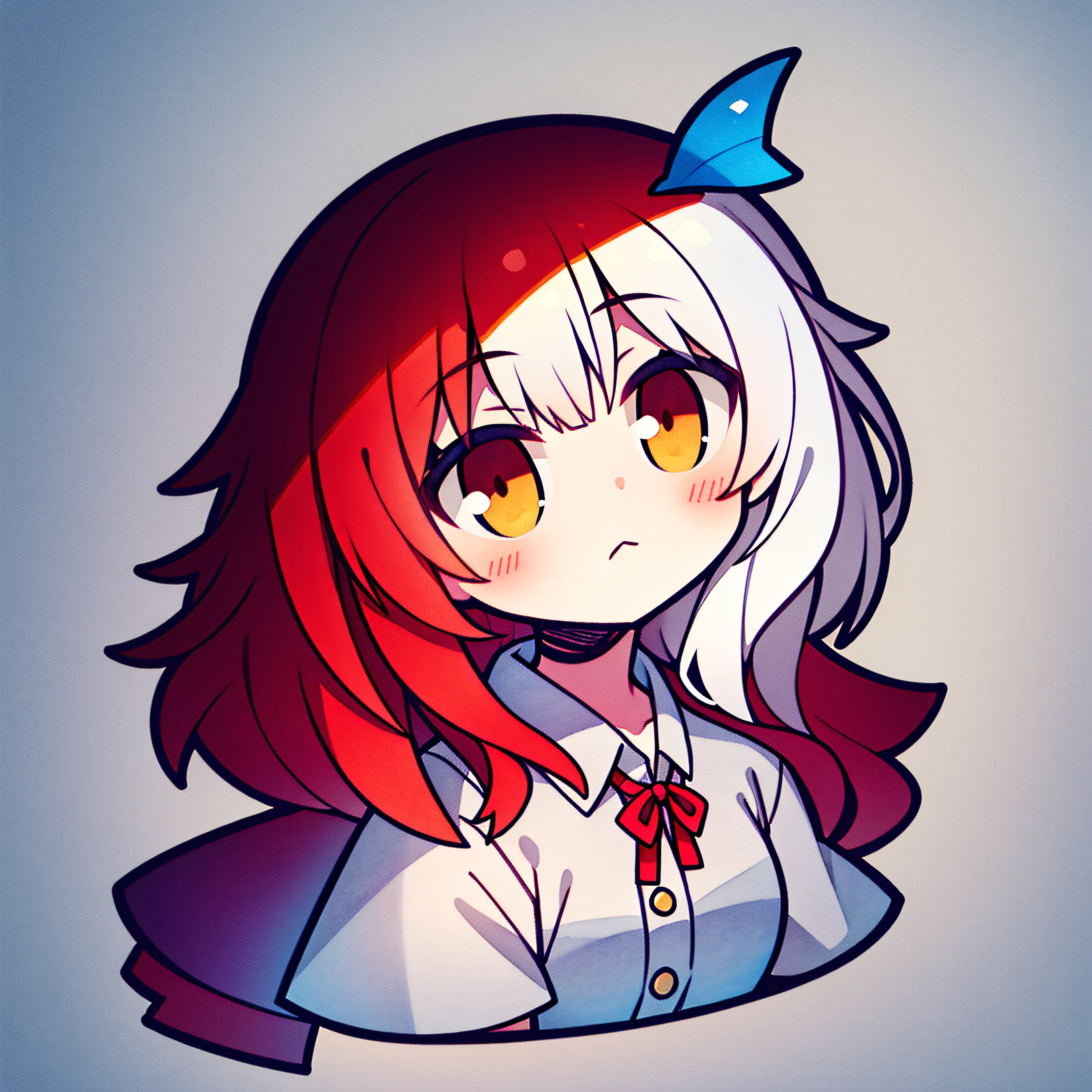 fish on the head, solo, 1 girl, looking at viewer, upright, concept art, white background, simple background, white hair, red gradient hair, short sleeves, watercolor pencil, expressionless, blush, virtual youtuber