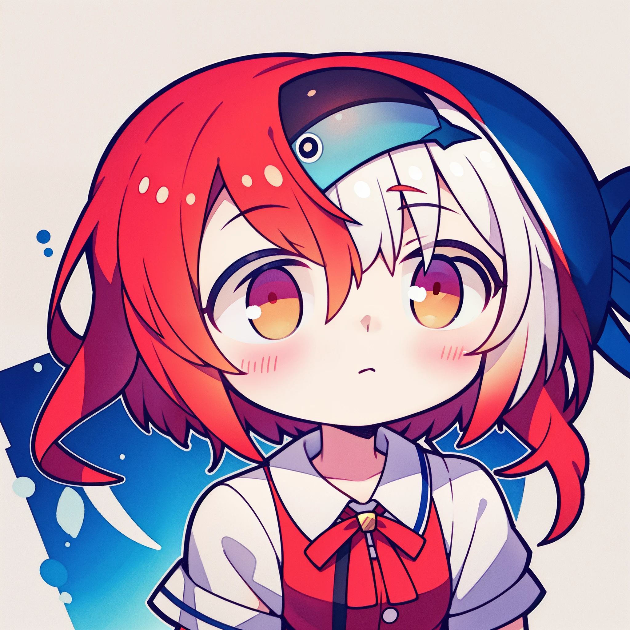 fish on the head, solo, 1 girl, looking at viewer, upright, concept art, white background, simple background, white hair, red gradient hair, short sleeves, watercolor pencil, expressionless, blush, virtual youtuber
