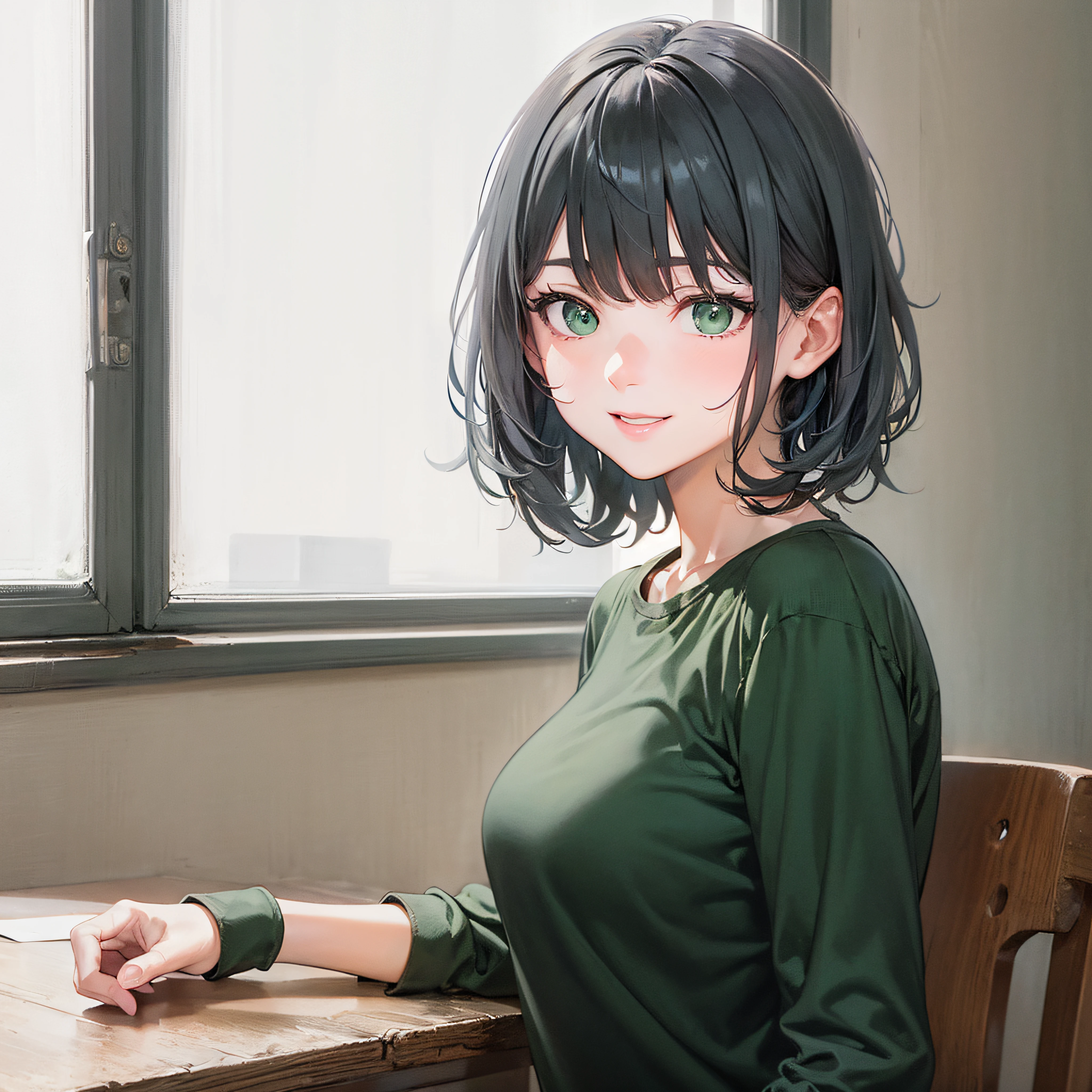(((masterpiece))), (((best quality))), ((ultra-detailed)), (highly detailed CG illustration), ((an extremely delicate and beautiful)),((Near-black, deep muted dark green t-shirt:1.5)), ((Very dark green t-shirt:1.5)),((plain t-shirt:1.5)),(long sleeves:1.5),(Casual T-shirt),(From side:1.5), (The side of one arm is visible),(very loose T-shirt:1.2), (plain t-shirt), upper body,portrait of an anime girl, t-shirt,1girl, solo,dark gray hair, (short hair), (dark green eyes:1.3),(One elbow on the table:1.3), looking at viewer,smiling,bad-girl,mature female, anime girl with short hair, ((medium breasts:1.3)), cute natural anime face, detailed anime soft face, cute anime face, flat anime style shading, face anime portrait, made with anime painter studio, semirealistic anime style, perfect anime face, extremely cute anime girl face, high detailed face anime, pretty anime face, semi realistic anime, detailed anime face