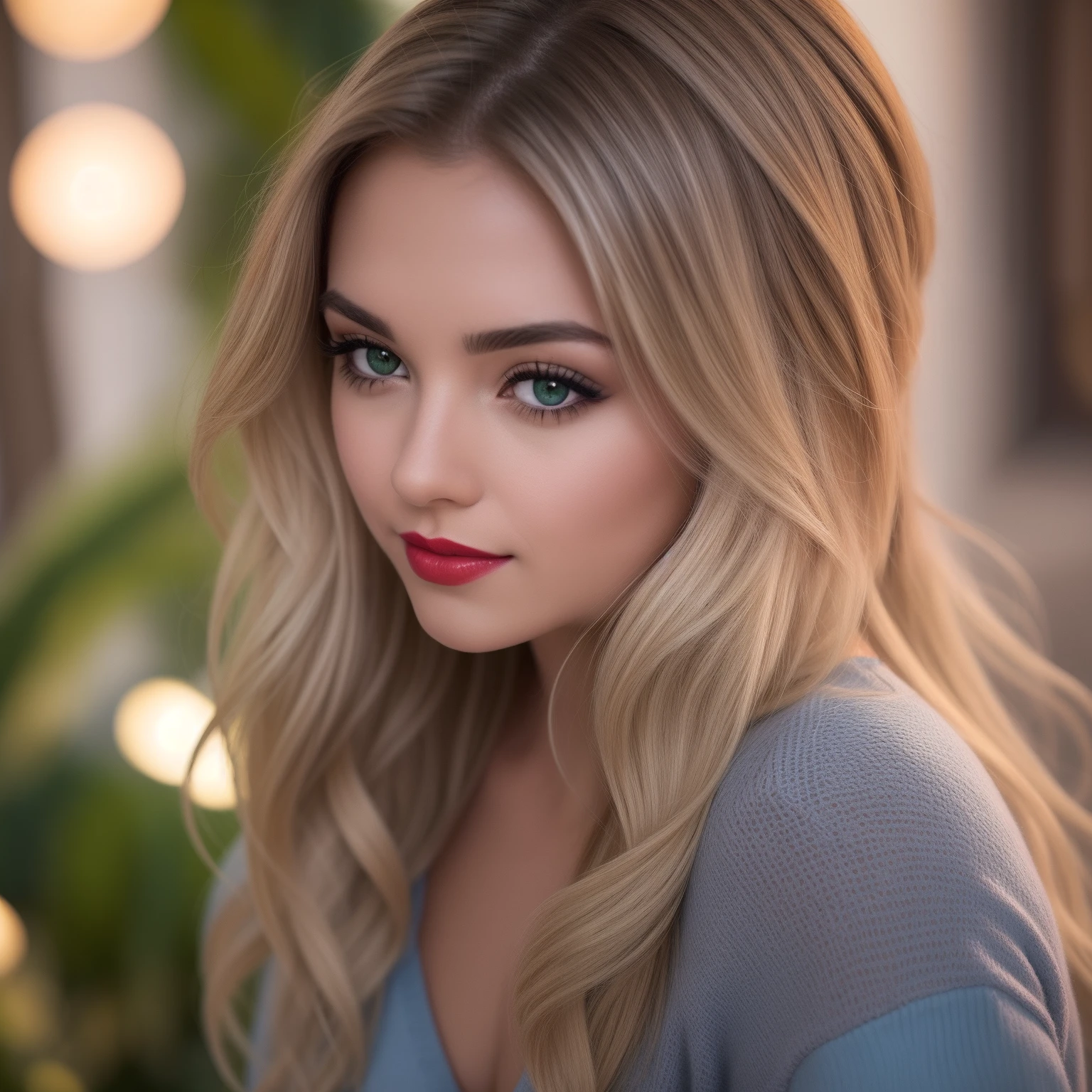 Uma mulher jovem e bonita, blonde hair that falls gently in waves up to the shoulders, altura mediana, olhos grandes e verdes, pele clara, she's in her pyjamas, ela esta em sua cama, fazendo cuidados com a pela antes de dormir, The environment is illuminated with lights of warm and pleasant colors making your hair shine, seu semblante esta naturalmente sereno, lips with red lipstick, Textura 8K, altamente detalhados, realista, soft Cinematic Light, HDR, sharp fokus, obra-prima, fotorrealista, fotografia premiada, Canon EOS R5, 35 mm