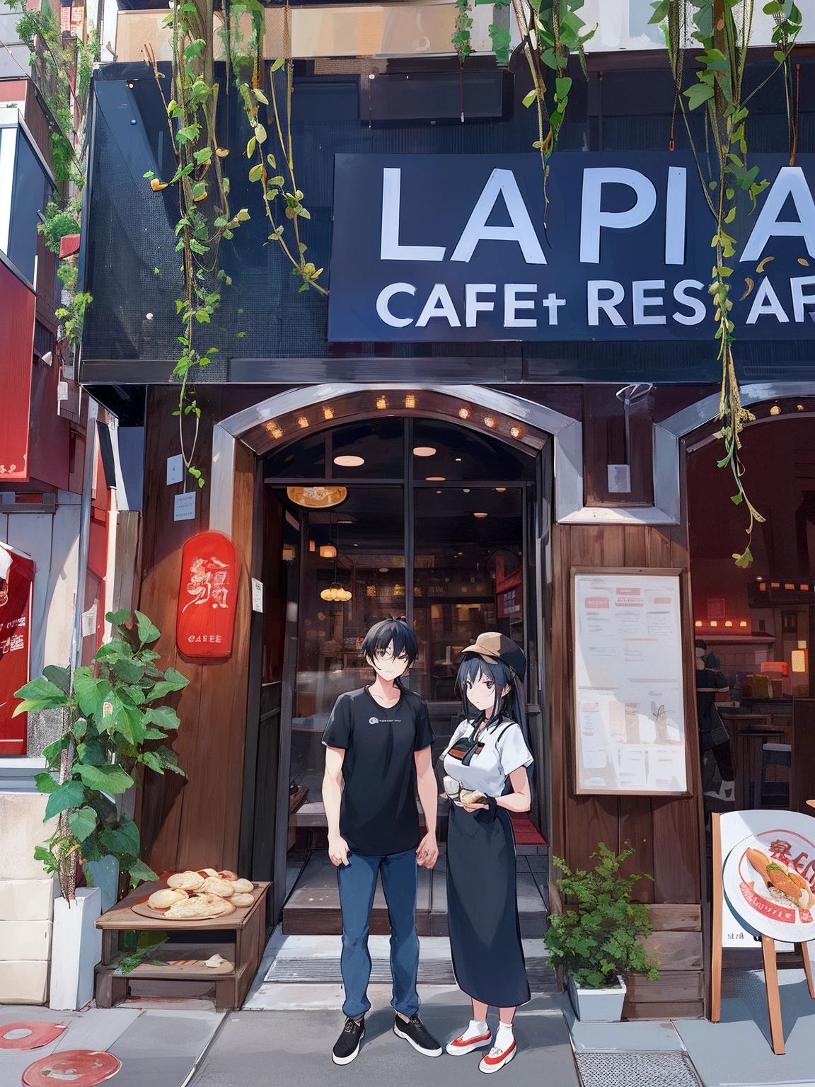 araffes standing in front of a restaurant with a sign that says la plac cafe and restaurant, in front of ramen shop, restaurant!!, restaurant in background, taken in 2022, taken in the early 2020s, profile image, standing in a restaurant, amazingly composed image, cafe, bao phan, restaurant!, restaurant!!!