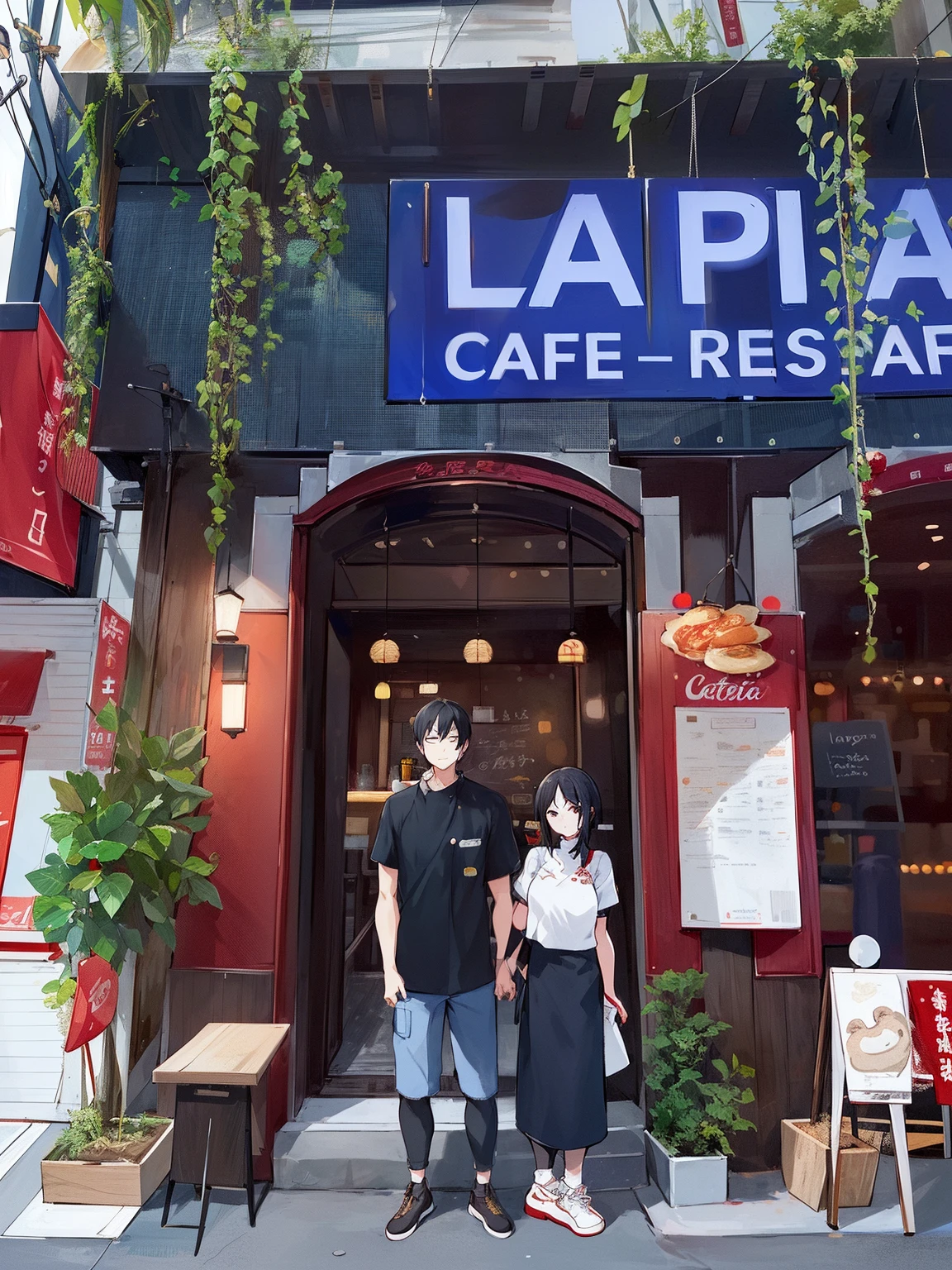 araffes standing in front of a restaurant with a sign that says la plac cafe and restaurant, in front of ramen shop, restaurant!!, restaurant in background, taken in 2022, taken in the early 2020s, profile image, standing in a restaurant, amazingly composed image, cafe, bao phan, restaurant!, restaurant!!!