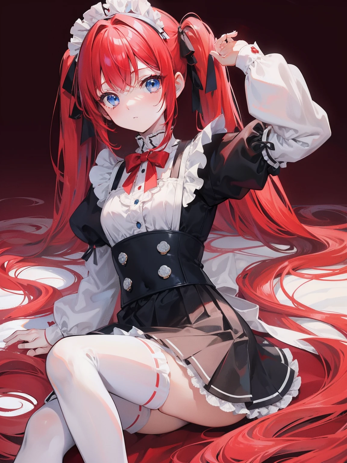red hair,blue eyes,twintails,maid, long hair, long sleeves, gothic, solo, loli,Short skirt, white stockings,{{best quality}}, {{masterpiece}}, {{ultra-detailed}}, {illustration}, {detailed light}, {an extremely delicate and beautiful},little girl,cute,