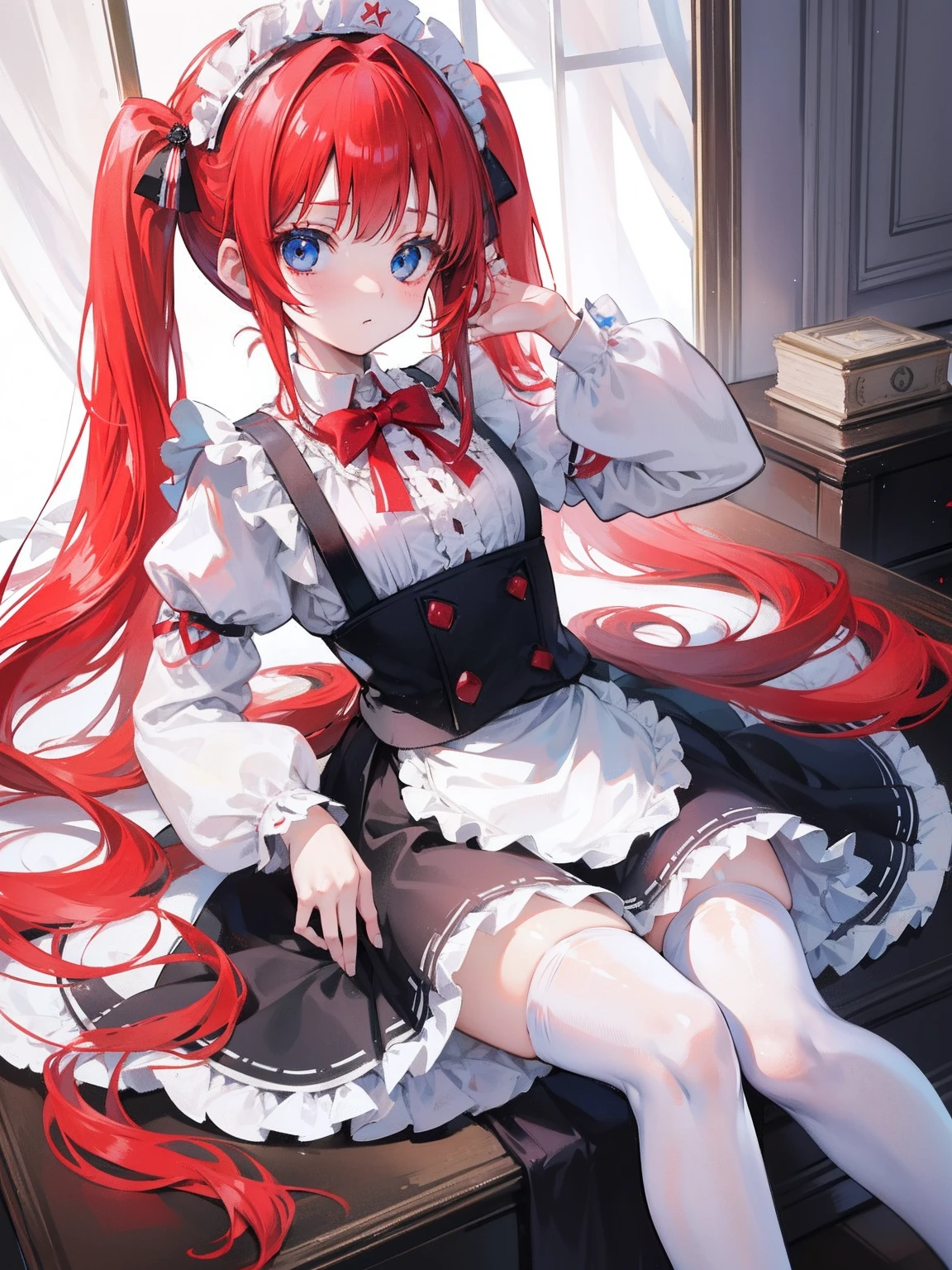 red hair,blue eyes,twintails,maid, long hair, long sleeves, gothic, solo, loli,Short skirt, white stockings,{{best quality}}, {{masterpiece}}, {{ultra-detailed}}, {illustration}, {detailed light}, {an extremely delicate and beautiful},little girl,cute,