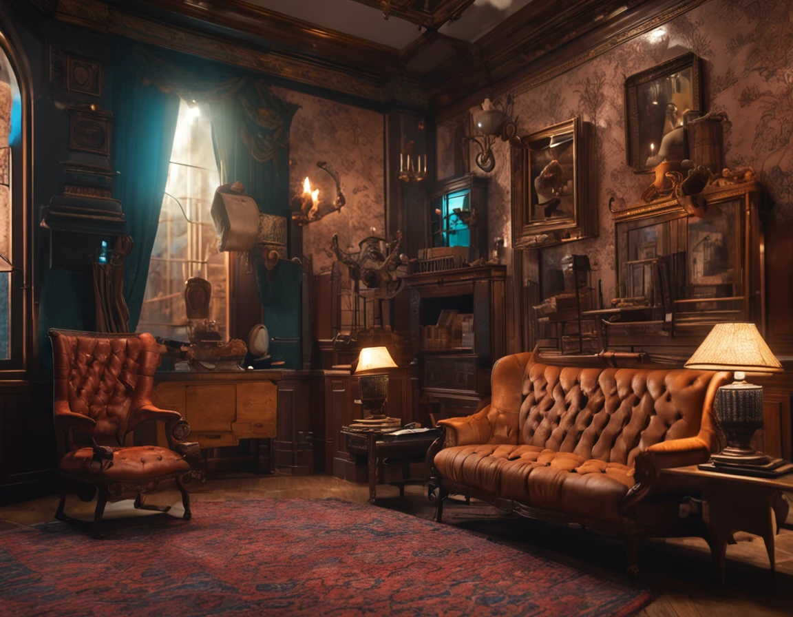 Best quality, Masterpiece, 超高分辨率, (photograph realistic:1.4), 8K,surrealism, Dream-like,An antique shotgun hangs on display on the wall,In the background is a display wall of antiques,Heads-up view