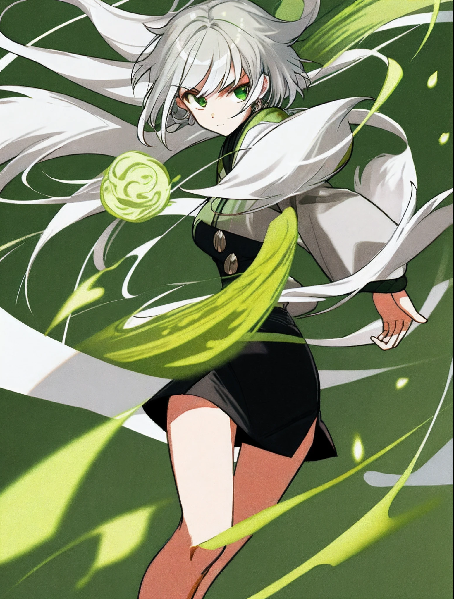 Draw a two-dimensional image of a silver-white hair color matcha green hot girl style short skirt