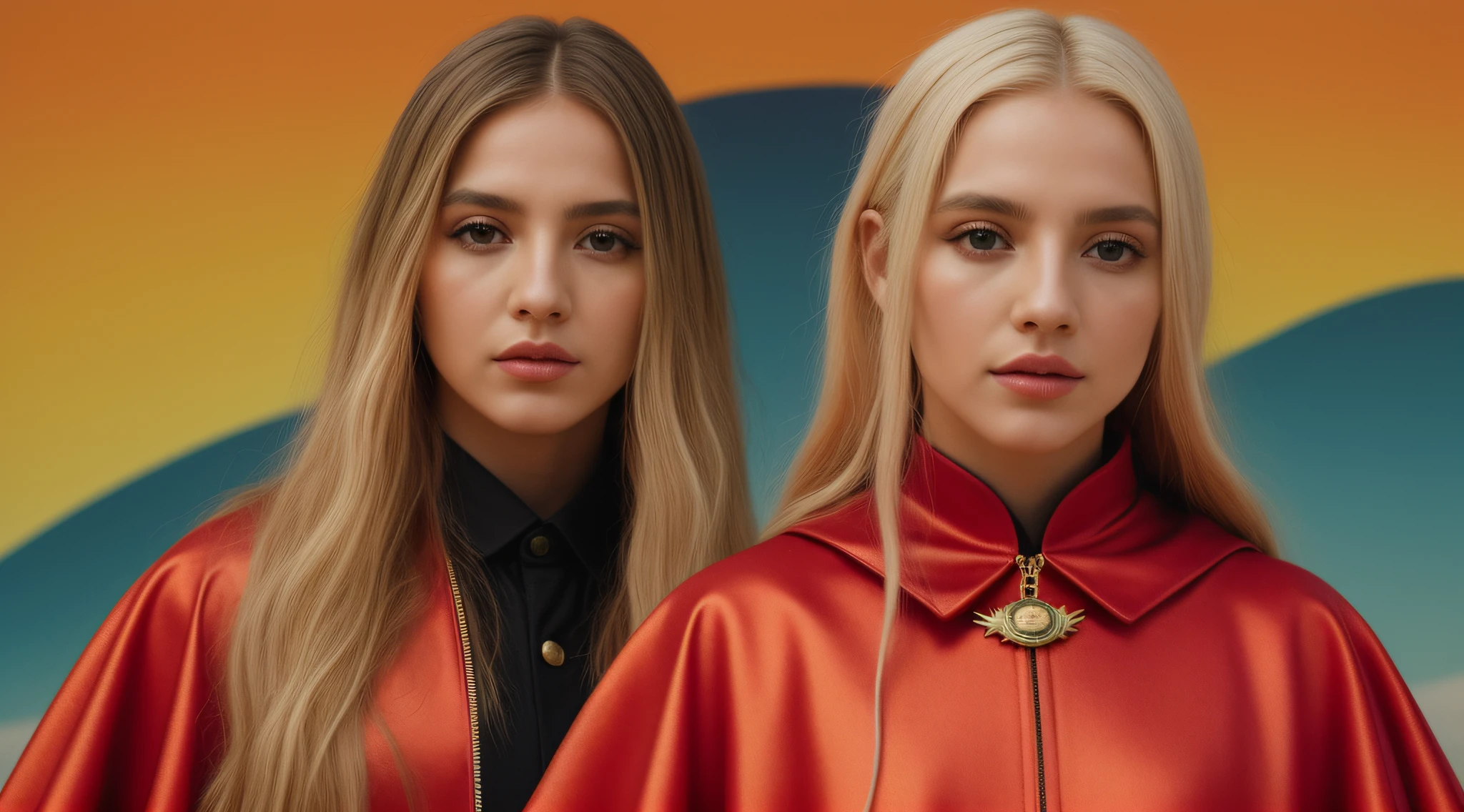 um close up de uma KIDS BLONDE LONG HAIR com um capuz vermelho em um fundo vermelho, Erosions, scorpions, Caparisons, Album art, prop rocks, album cape, chifres vermelhos, new album cover, Arte Oficial, Arte Promocional, Arcontes, rochas afiadas, rochas alaranjadas, Explosions, rochas), alternate album cover, Variations, progressive rock album cover, album cape!