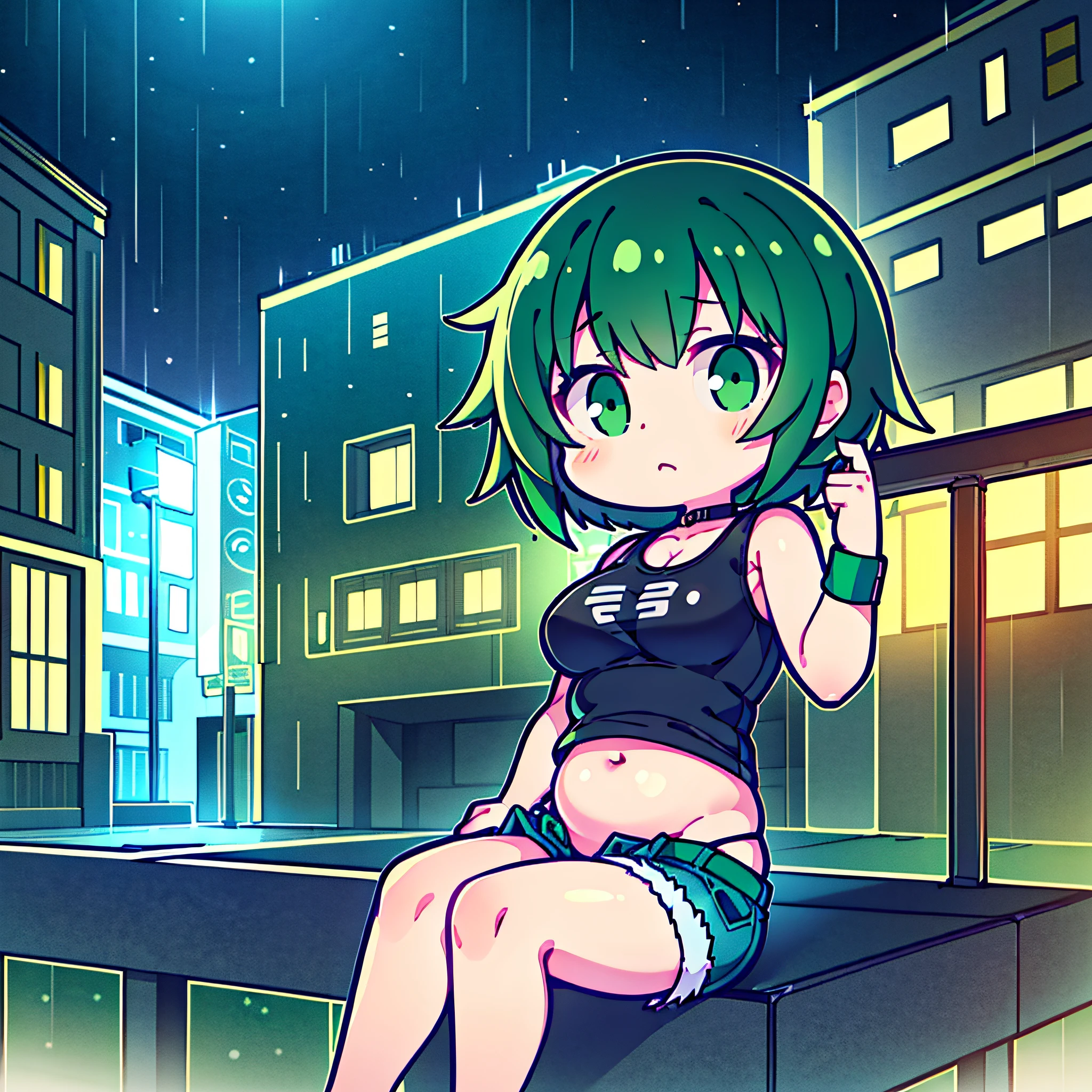 chibi, Resolution, imagination, (Photorealistic), (1Girl:1.4), (HDR:1.5), (Cute belly fat:1.2), intriciate detail, 1 belly button, Mesugaki face, Sagging middle breasts, (Green Eyes:1.3), (Green short hair:1.5), Black sleeveless, Black cropped t-shirt,wristband, Tight-fitting jeans, Very short jeans, Denim shorts,The cyberpunk, natta, neon lit, building, Rainy, moonlit night, Rainy, Sitting on a chair, (black & Blue Street Jacket)