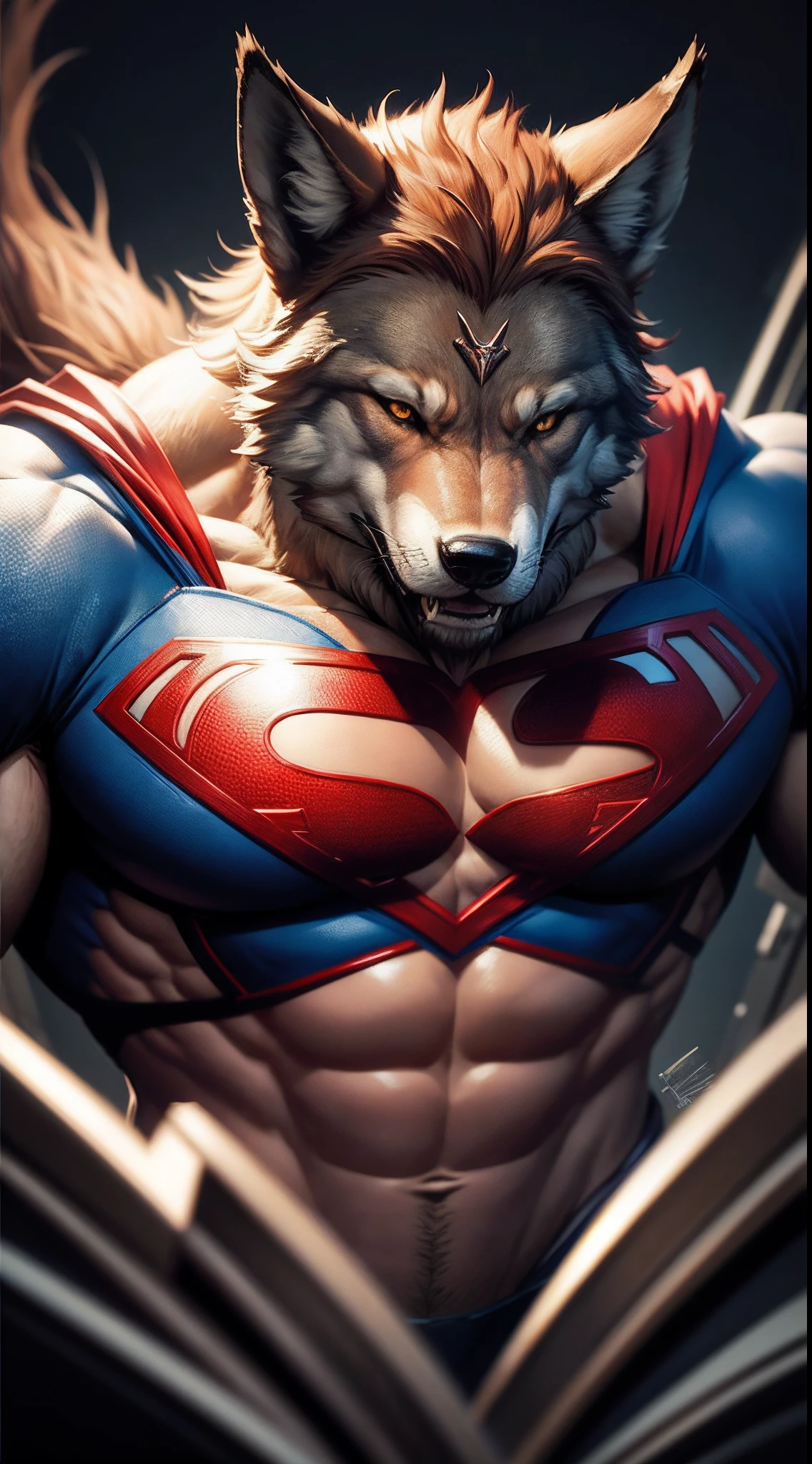 masterpiece, best quality, ultra detailed, wallpaper, big wolf in the body of superman, wolf head, claws, fang, superman suit