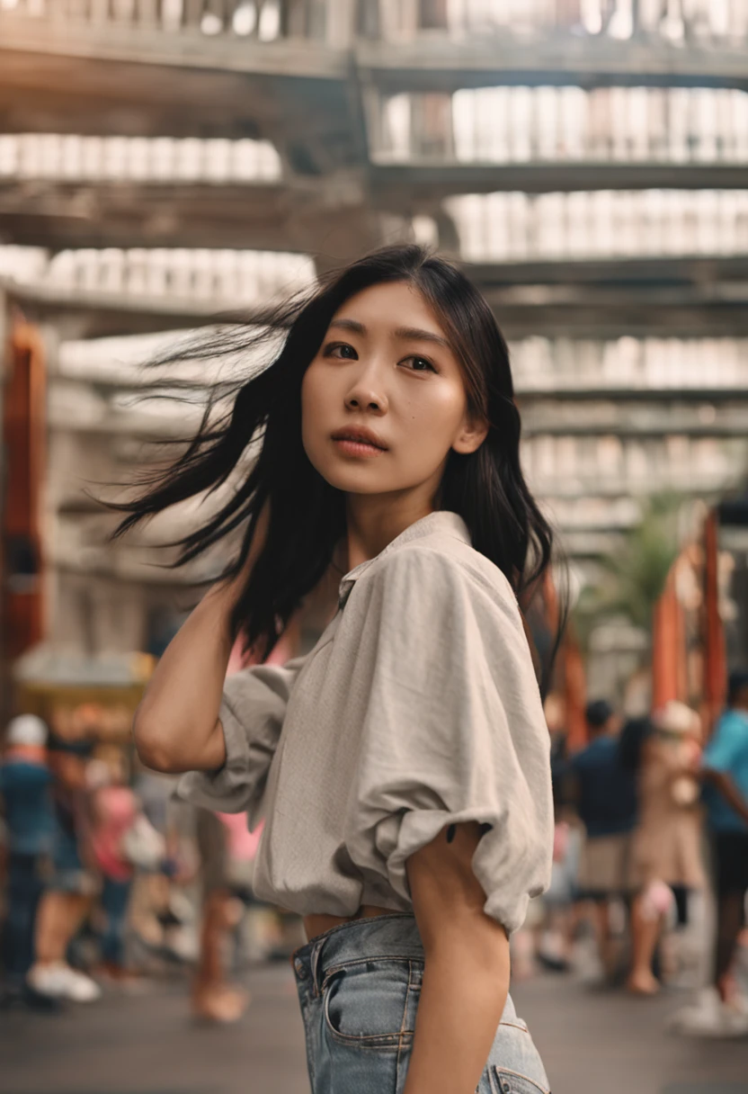 asian female influencer brown eyes, standing looking at the camera