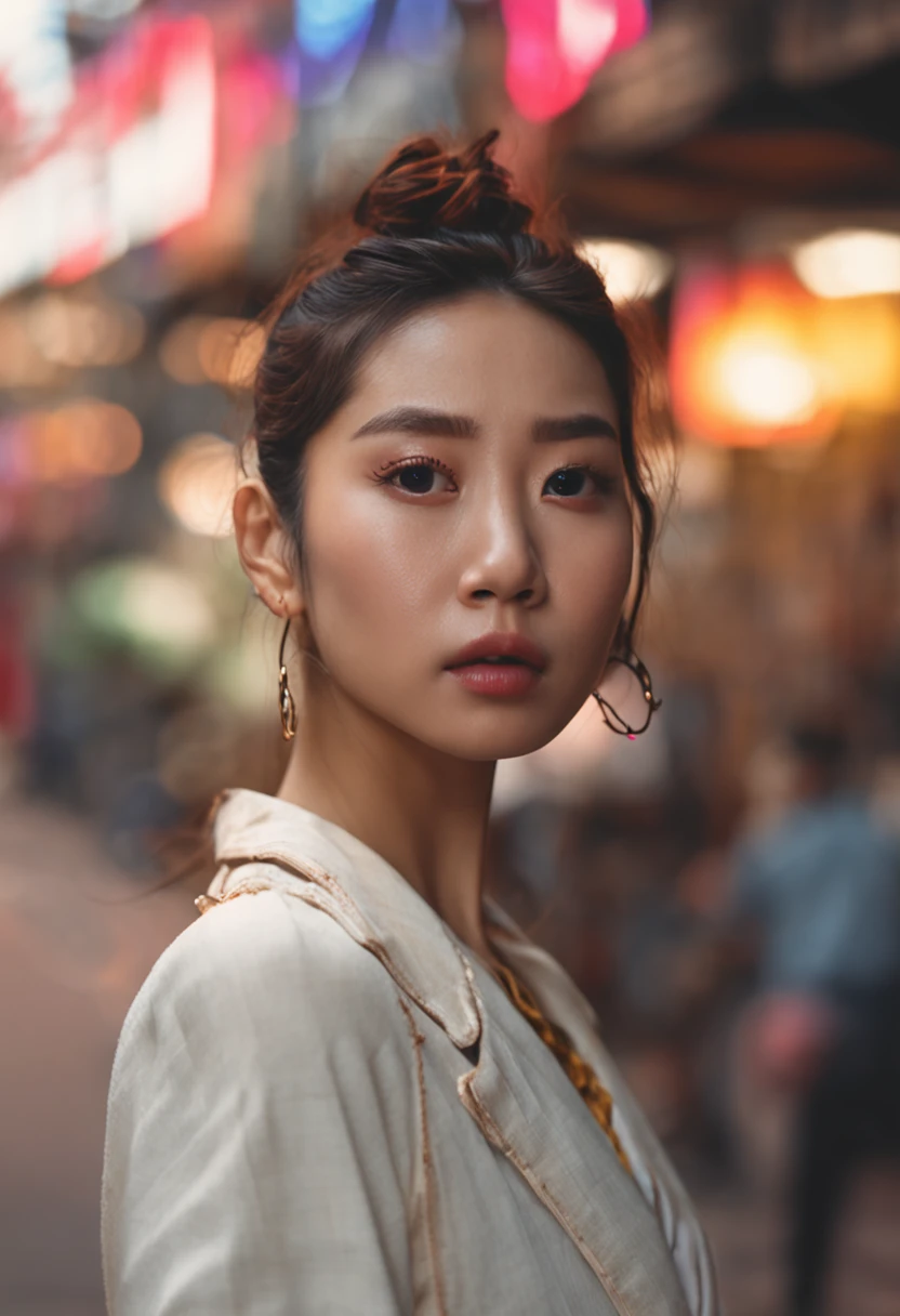 asian female influencer brown eyes, standing looking at the camera
