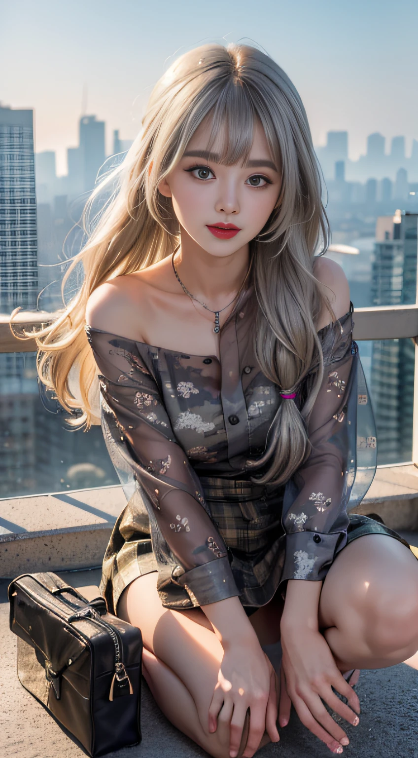 (Girl sleeping face down in big office), Silver hair, Bangs, Blunt bangs, Long hair, Braiding(poneyTail), aqua eyes, longeyelashes, Solid Circle Eyes, makeup, Open mouth, blush, Parted lips, Bright pupils, smiley, Seductive smile, glint, surrealism, Modern,(( Camouflage blouse))、((Camouflage print mini skirt))、(Ⅿ16sniper rifles))(Peeking into the scope)Chiaroscuro, Chiaroscuro, depth of fields, One-person viewpoint, From Side, F/1.8, 135 mm, canon, nffsw, retinas, masutepiece, ccurate, Anatomically correct, Textured skin, Super Detail, high details, High quality, Best Quality, hight resolution, 1080p, hard disk, 4K, 8K、(Sniper regime) ((Full Body Angle))、、Skyscrapers are hazy behind
